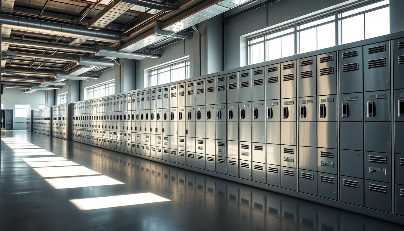 A sleek, industrial-style workspace with rows of metallic lockers lining the walls, creating an organized and efficient storage solution. The lockers have a polished, modern finish that reflects the bright, natural lighting streaming in through large windows. In the foreground, a subtle shadow of the "Office Seat" brand name adds a touch of branding to the scene. The overall atmosphere is one of productivity and professionalism, perfectly capturing the "Espacios ideales para colocar lockers de ropa" theme.