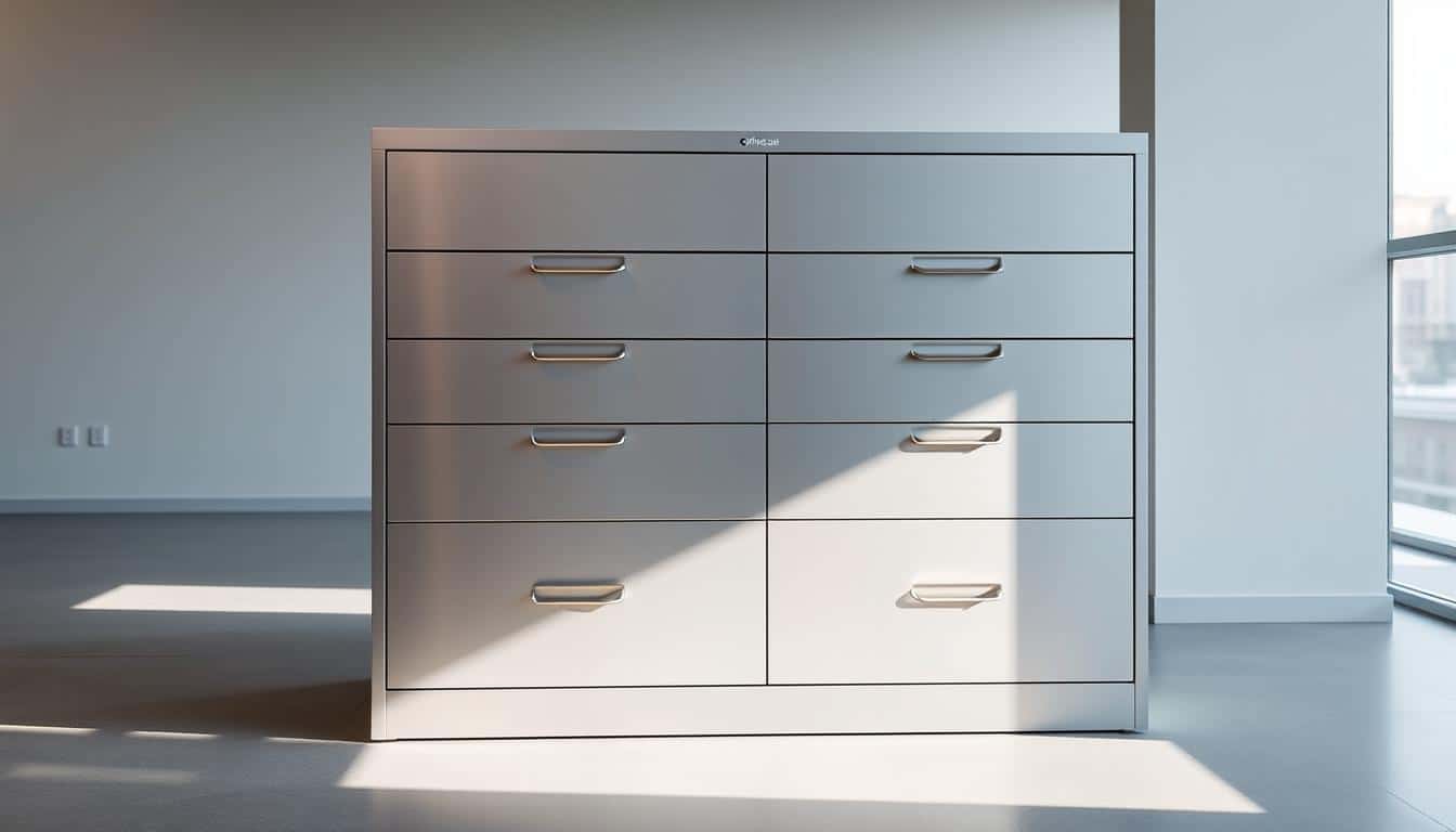A sleek, metallic horizontal file cabinet with 6 drawers, showcasing the "Office Seat" brand. The cabinet stands in a well-lit, minimalist office setting, casting a subtle shadow below. The drawers have a smooth, brushed metal finish that reflects the surrounding environment. The cabinet's design is modern and streamlined, embodying both functionality and style. The image captures the delivery process, highlighting the cabinet's sturdy construction and attention to detail, ready to be integrated seamlessly into the workspace. A sleek, metallic horizontal file cabinet with 6 drawers, showcasing the "Office Seat" brand. The cabinet stands in a well-lit, minimalist office setting, casting a subtle shadow below. The drawers have a smooth, brushed metal finish that reflects the surrounding environment. The cabinet's design is modern and streamlined, embodying both functionality and style. The image captures the delivery process, highlighting the cabinet's sturdy construction and attention to detail, ready to be integrated seamlessly into the workspace.