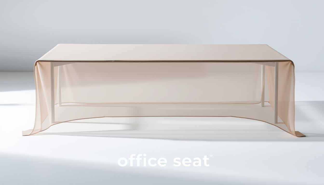 A sleek, minimalist table with a transparent glass surface, protected by a stylish, sheer protective mantel in a soft, neutral tone. The mantel gently drapes over the edges, creating a clean, modern look. Soft, diffused lighting illuminates the scene, highlighting the transparency of the table and the elegant texture of the mantel. The "Office Seat" brand name is subtly cast as a faint shadow beneath the table, adding a touch of branding without distracting from the main focus. An atmosphere of sophistication and functionality pervades the image, showcasing the perfect protective solution for your cherished table.