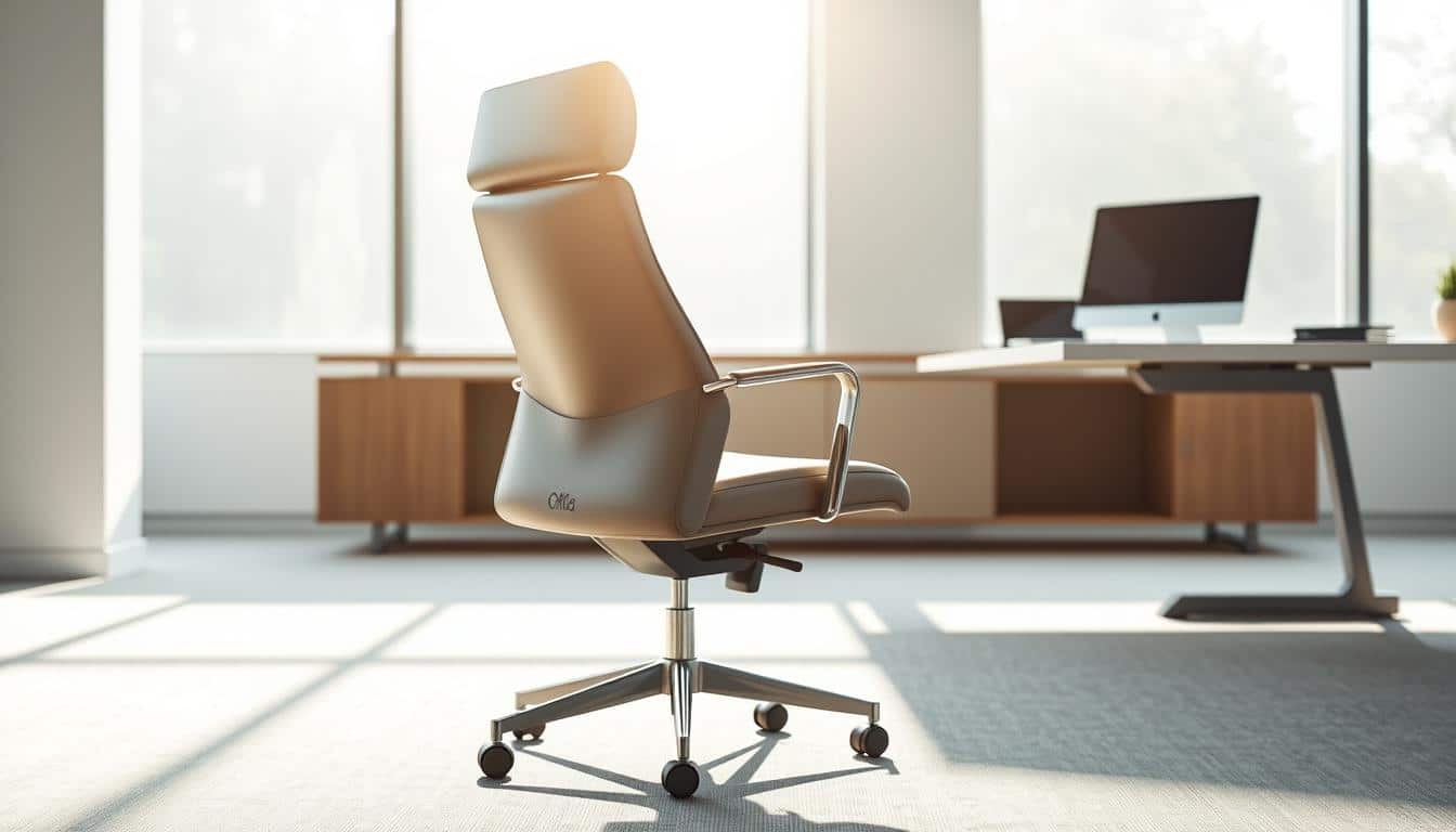 A sleek, modern Silla Secretarial chair in a bright, minimalist office setting. The chair features a high-back design, adjustable lumbar support, and a sturdy base with smooth-rolling casters. Soft, supple leather upholstery in a neutral tone complements the minimalist aesthetic. Diffused natural light streams in through large windows, casting a warm glow and creating subtle shadows. The Office Seat brand name is subtly etched into the chair's base. The overall scene conveys a sense of comfort, productivity, and professionalism, perfectly suited for the "Por qué elegir Office Seat Online" section of the article.