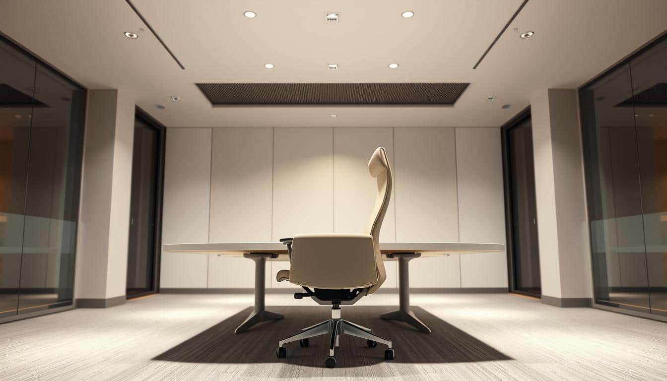 A sleek, modern corporate office interior featuring a stylish, ergonomic Office Seat as the centerpiece. The seat is positioned in a well-lit, minimalist environment with clean lines and a neutral color palette. Soft, diffused lighting from overhead fixtures creates a warm, professional ambiance. The camera angle emphasizes the seat's elegant, curved design and high-quality construction, showcasing the attention to detail and craftsmanship of the Office Seat brand. The scene conveys a sense of sophistication and productivity, perfectly complementing the article's focus on "Mesas de Conferencia Ovalada: Elegancia Profesional."