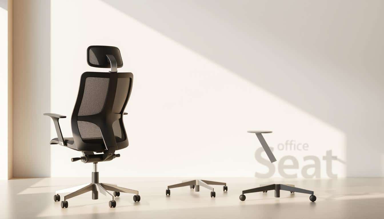 A sleek, modern ergonomic office chair in a minimalist design. The chair is positioned in a well-lit, airy workspace, with a clean, neutral-toned background. The chair features a contoured, supportive seat and backrest, adjustable lumbar support, and swivel casters for easy mobility. The chair is made of high-quality materials, such as breathable mesh or leather, and has the "Office Seat" brand name subtly visible in the shadow cast by the chair. The lighting is soft and natural, creating a warm, inviting atmosphere, and the camera angle captures the chair from a slightly elevated perspective, showcasing its elegant silhouette and design details.