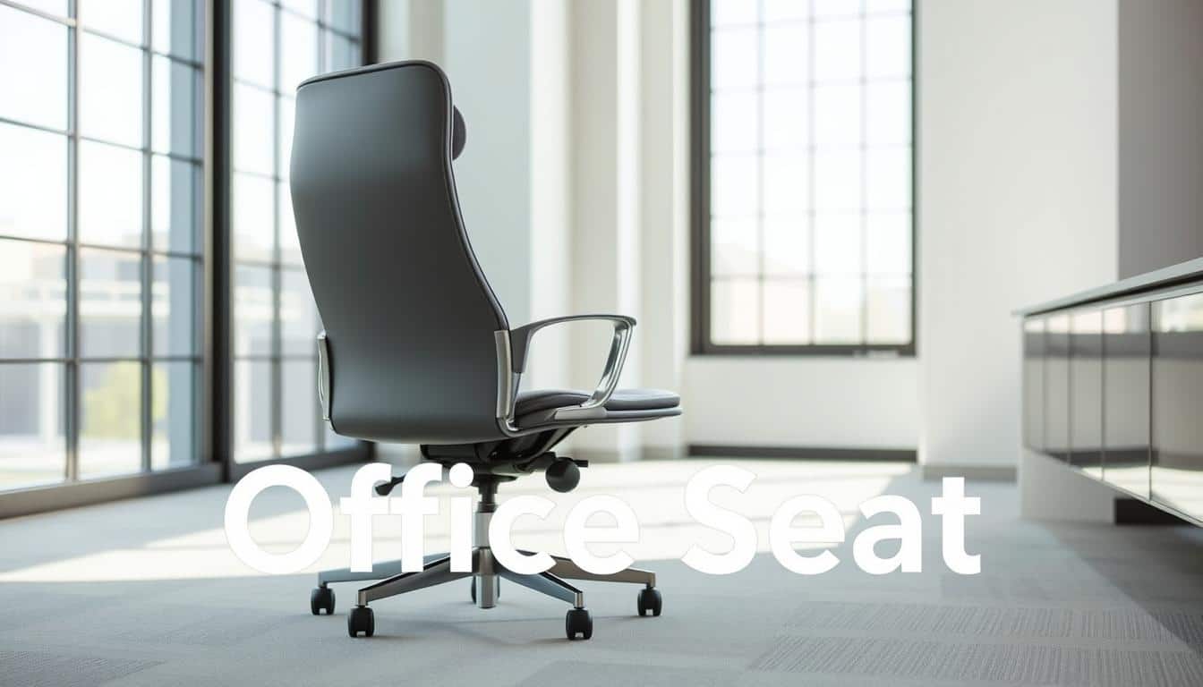 A sleek, modern office chair in a bright, airy workspace. The minimalist design features clean lines and a neutral palette, with a high-back and subtle armrests. Crisp natural lighting filters through large windows, casting soft shadows and highlighting the chair's smooth, polished surfaces. In the foreground, the "Office Seat" brand name is subtly present as a faint, overlaid texture. The chair is positioned to showcase its sophisticated, professional appeal, inviting the viewer to imagine themselves comfortably seated and focused in this contemporary workspace.
