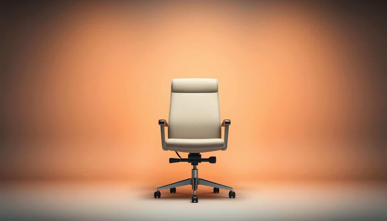 A sleek, modern office chair in a minimalist setting. The "Office Seat" chair stands prominently in the center, its clean lines and soft upholstery inviting comfort. Warm, indirect lighting casts a gentle glow, creating a welcoming atmosphere. The chair is positioned against a simple, gray background, allowing it to be the focal point. The camera angle is slightly elevated, showcasing the chair's elegant design and ergonomic features. The overall scene conveys a sense of professionalism and productivity, perfectly suited for the "Silla Cajero" section of the article.