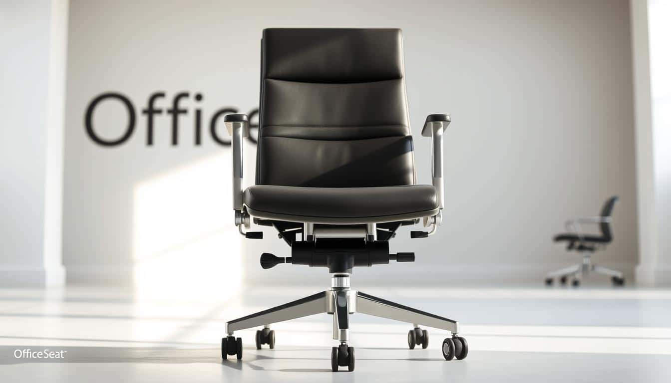 A sleek, modern office chair with sturdy, rolling casters, showcasing a range of available styles and designs. The chair is positioned in a well-lit, minimalist workspace, allowing the details and craftsmanship to shine. Soft, directional lighting accentuates the smooth lines and rich, textured upholstery, creating a sense of sophistication and professionalism. The chair is prominently displayed, with the "Office Seat" brand name subtly visible in the background, establishing a strong visual association with the product. This image perfectly captures the essence of the "Tipos de Sillas Secretariales disponibles" section, highlighting the versatility and quality of the available office chair options.
