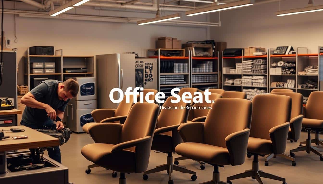 A sleek, modern workshop showcasing the "División de Reparaciones de Mobiliarios" for Office Seat's cash register seating solutions. In the foreground, a skilled technician meticulously inspects and repairs a disassembled chair, their tools neatly arranged. The middle ground features a display of freshly refurbished chairs, their elegant contours and rich upholstery exuding quality craftsmanship. In the background, a well-organized storage area houses a diverse inventory of replacement parts, reflecting the team's dedication to providing comprehensive repair services. Soft, warm lighting casts a professional and inviting atmosphere, accentuating the attention to detail and the brand's commitment to customer satisfaction. The Office Seat logo is subtly yet prominently featured, lending a sense of pride and ownership to the scene.