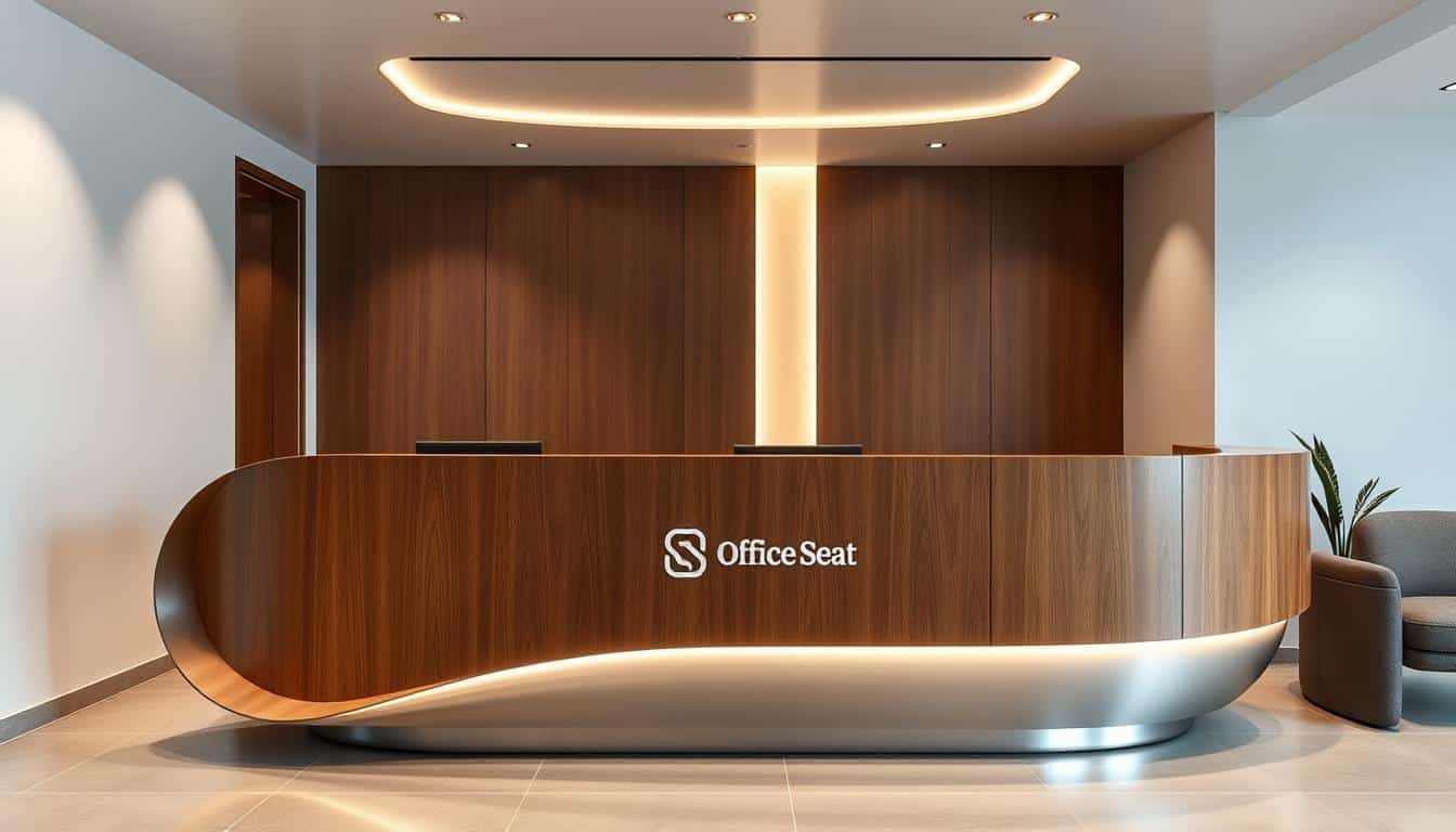 A sophisticated, custom-designed reception counter for a modern office space. The sleek, oval-shaped counter is crafted from a mix of polished wood and brushed metal, creating a warm yet contemporary aesthetic. Indirect lighting casts a soft, ambient glow, highlighting the elegant lines and the subtle Office Seat branding subtly incorporated in the design. The counter is positioned in the center of the frame, with a minimalist, clutter-free background that emphasizes the focal point. The overall composition exudes a sense of professionalism, sophistication, and a touch of luxury, perfectly suited for a high-end office environment.