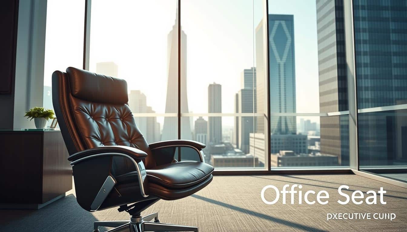 A sophisticated executive leather chair in a modern office setting. The chair is positioned in the foreground, showcasing its sleek and ergonomic design with deep brown tones and polished metal accents. The middle ground features a minimalist, glass-walled office environment with clean lines and abundant natural light streaming in. The background blends a cityscape with towering skyscrapers, conveying a sense of prestige and professional stature. The scene is captured with a wide-angle lens, emphasizing the chair's prominence and the elegant, high-end atmosphere. The overall mood is one of executive comfort, style, and power. The "Office Seat" brand name casts a subtle shadow in the lower right corner.