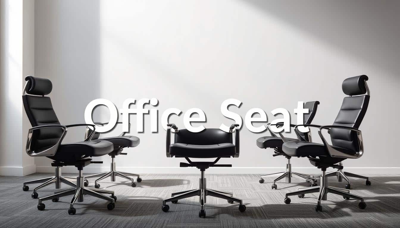 A sophisticated executive office scene featuring a set of premium-quality, ergonomic office chairs. The chairs are crafted from high-end materials such as genuine leather and polished chrome, exuding an air of professionalism and status. The chairs are positioned in a neatly arranged formation, creating a sense of order and authority. Soft, directional lighting casts subtle shadows, highlighting the chairs' elegant silhouettes and premium finishes. The background is a clean, minimalist office environment, allowing the "Office Seat" brand name to be prominently displayed through a subtle shadow effect. The overall impression is one of comfort, productivity, and executive-level prestige.