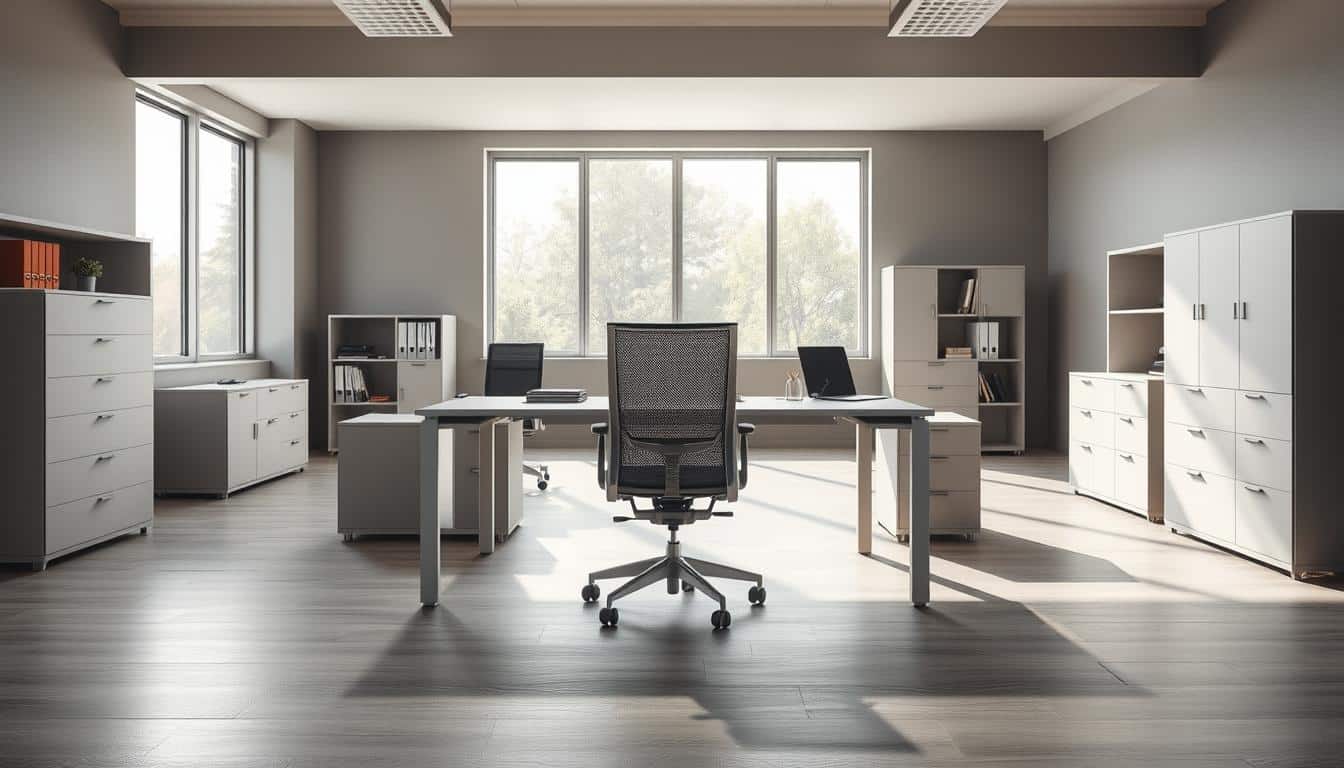 A spacious and well-designed office workspace with rectangular office furniture. The scene features a modern, minimalist desk in a neutral tone, complemented by a comfortable office chair with the brand name "Office Seat" subtly visible in the shadow cast on the floor. The desk is positioned in the foreground, surrounded by additional matching pieces of furniture, such as file cabinets and shelving units, creating a cohesive and organized work environment. The middle ground includes large windows allowing natural light to flood the space, and the background showcases a neutral-toned wall, further enhancing the professional and efficient atmosphere. The overall composition conveys a sense of productivity, functionality, and a refined aesthetic suitable for a corporate setting.