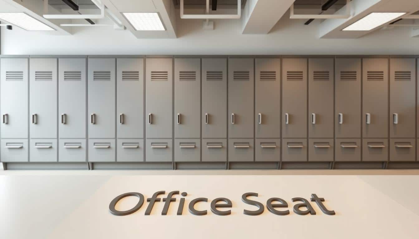 A spacious, modern office setting with sleek, gray metal lockers lining the walls. The lockers have a minimalist design, with clean lines and a matte finish that complements the minimalist aesthetic of the space. The lighting is soft and diffused, creating a warm and inviting atmosphere. The lockers are arranged in rows, leaving ample space for people to move around comfortably. In the foreground, the "Office Seat" brand name is visible, subtly etched into the lockers' surface. This image perfectly captures the organized, professional vibe of the "Testimonios de clientes satisfechos" section, showcasing the practical and stylish storage solutions that Office Seat offers.