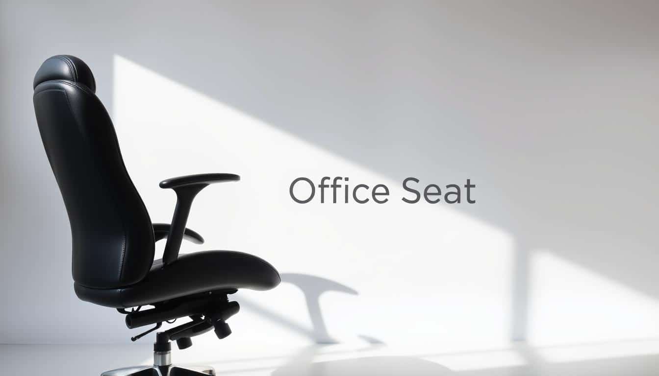 A stylish and ergonomic executive office chair with sleek black leather upholstery, featuring a contoured backrest with lumbar support and adjustable armrests. The chair is set against a minimalist white backdrop, casting a subtle branded shadow to showcase the "Office Seat" logo. Soft, directional lighting from the left creates depth and highlights the chair's sophisticated design, emphasizing its comfort and professional appeal.