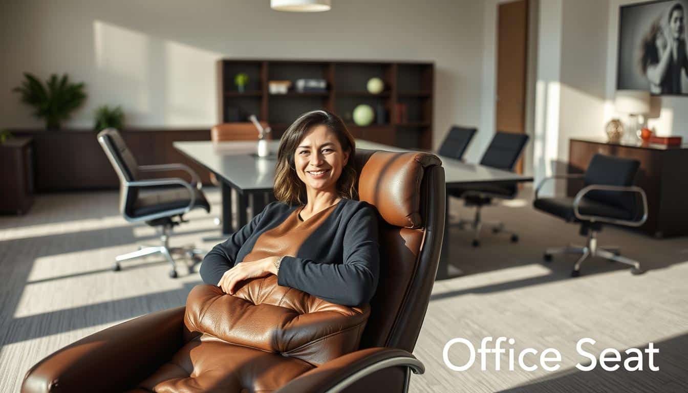 A stylish and well-appointed office meeting room, with a comfortable leather office chair prominently featured in the foreground. The chair is occupied by a satisfied client, their face conveying a sense of approval and contentment. The middle ground showcases a sleek, modern table and additional chairs, reflecting the professional and sophisticated ambiance of the space. The background features neutral-toned walls and subtle office decor, creating a harmonious and inviting atmosphere. Soft, directional lighting casts gentle shadows, emphasizing the chair's form and the client's expression. The "Office Seat" brand is discreetly visible through a subtle text shadow in the lower right corner.