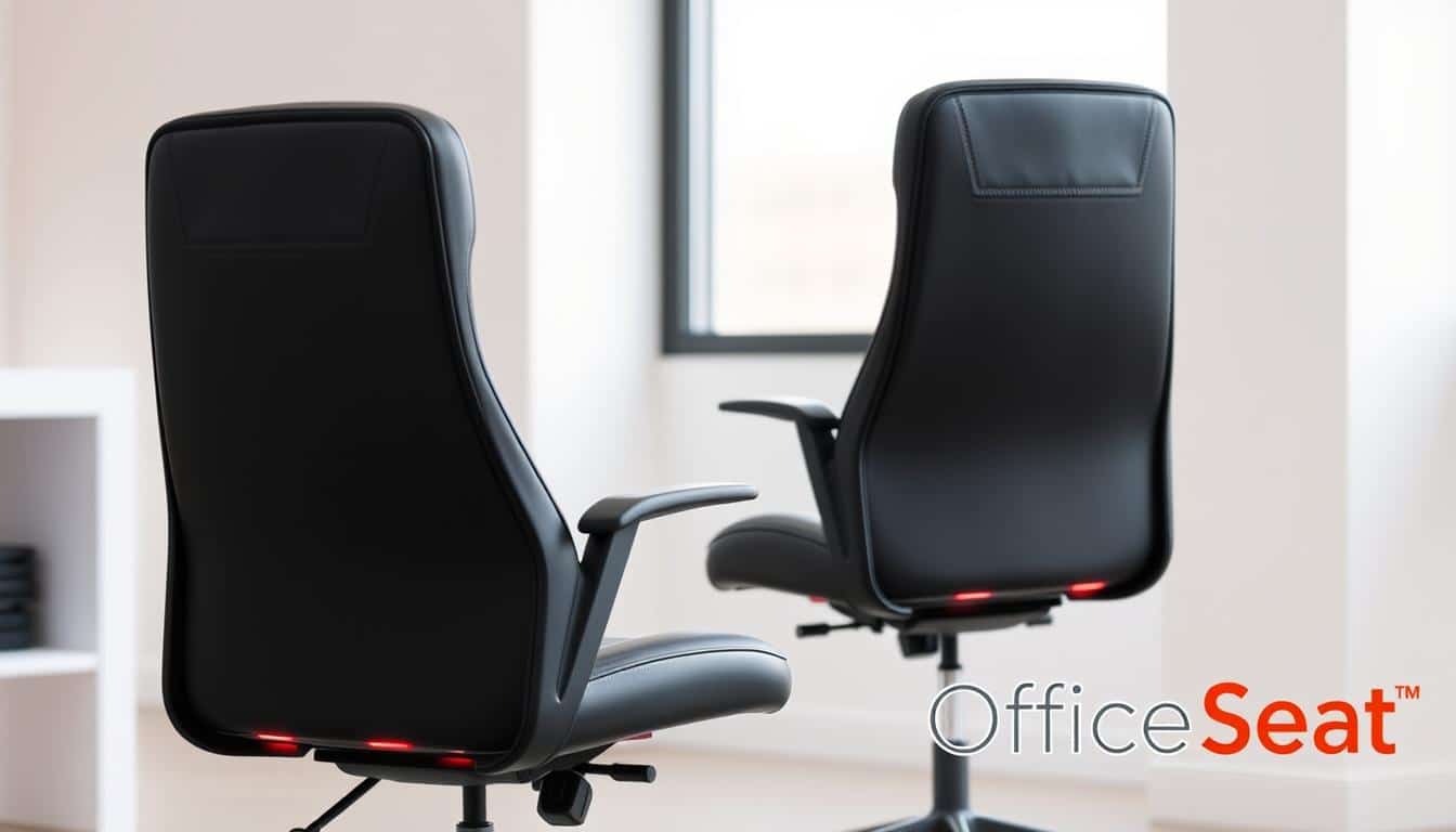 A stylish, height-adjustable office chair with ergonomic lumbar support. The chair features a sleek black leather-like upholstery, a padded seat, and a high-back design for superior back comfort. Soft LED lighting illuminates the chair's base, creating a warm and inviting atmosphere. The chair is positioned in a minimalist, well-lit office setting, showcasing its modern and professional appearance. The Office Seat logo is subtly displayed in the lower right corner, adding a touch of branding.