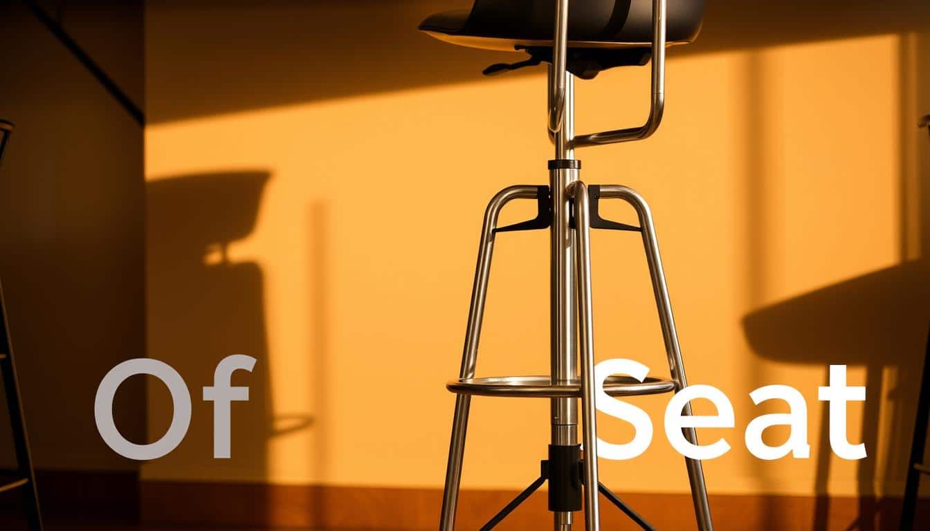 A tall, ergonomic counter stool with a sleek, modern design. The stool features a contoured, padded seat and backrest for superior comfort and support. The frame is constructed from durable, brushed metal with a subtle sheen, and the base is equipped with sturdy, adjustable legs to ensure stability on uneven surfaces. The minimalist aesthetic seamlessly blends function and form, creating a stylish and practical seating solution for any commercial setting. In the foreground, the "Office Seat" brand logo is subtly cast in a soft shadow, adding a professional touch. Warm, indirect lighting illuminates the scene, evoking a welcoming, inviting atmosphere.