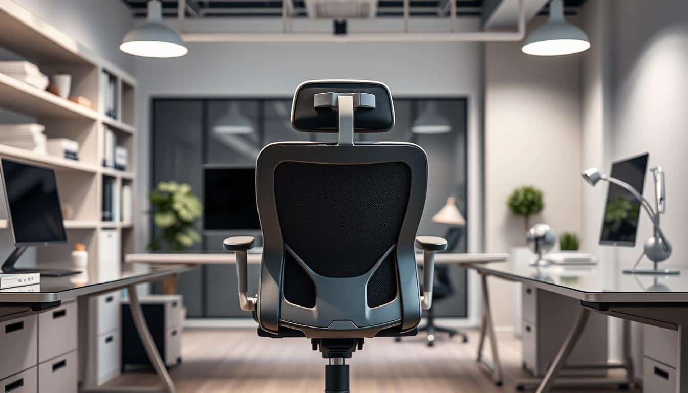 A well-designed, ergonomic workstation with a sleek, modern Office Seat chair as the centerpiece. The chair's contoured cushions and adjustable lumbar support provide optimal comfort and posture. The workstation features a glass desk, shelving, and minimalist decor, creating a clean, professional atmosphere. Soft, diffused lighting from overhead fixtures illuminates the scene, highlighting the high-quality materials and craftsmanship. The office space exudes a sense of productivity and tranquility, with satisfied clients testifying to the chair's superior support and comfort.