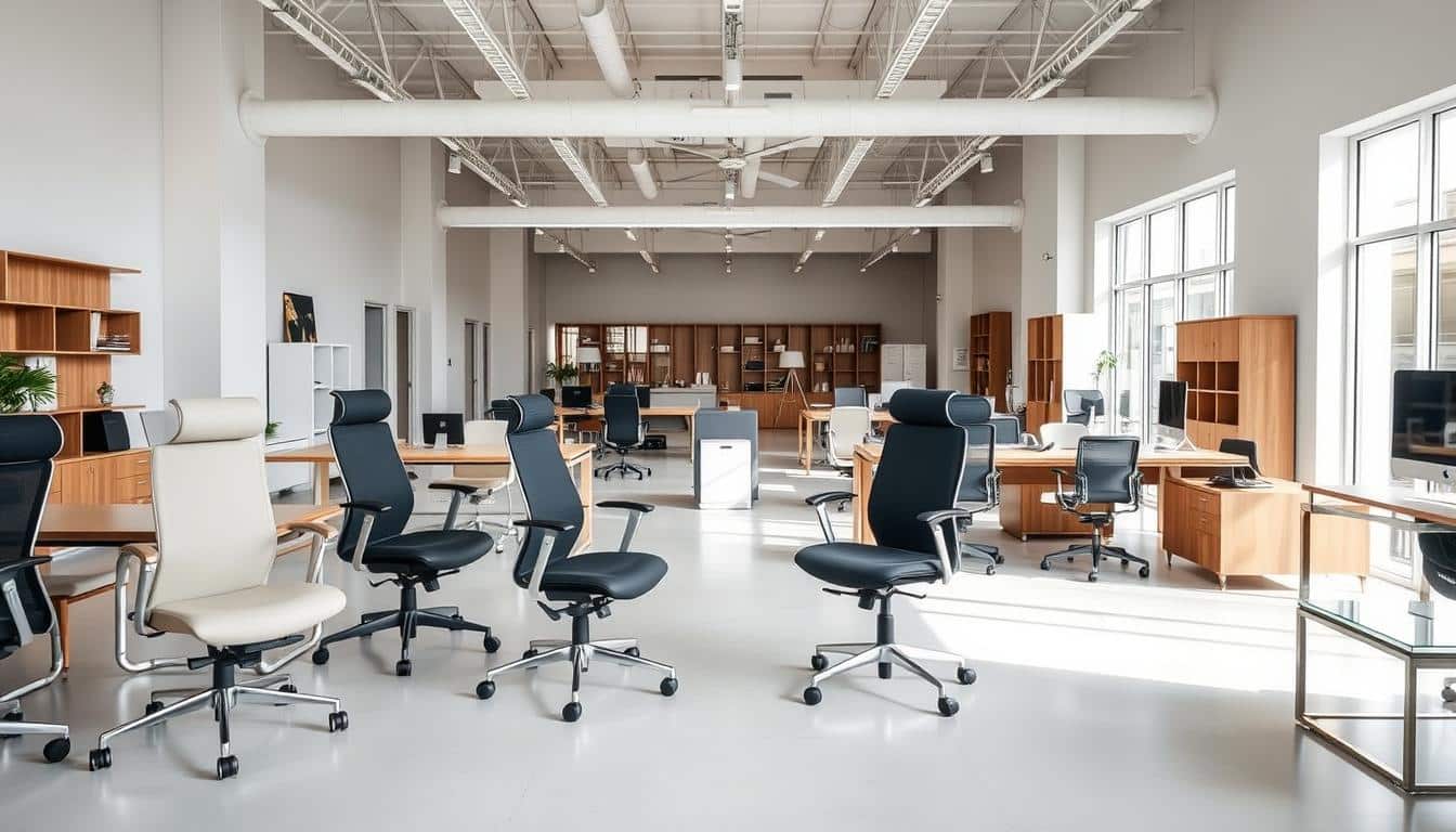 A well-lit and immaculately curated showroom displays a sophisticated collection of modern office furniture. In the foreground, the brand "Office Seat" prominently features a range of ergonomic secretarial chairs in a variety of colors and designs. The middle ground showcases neatly arranged desks, filing cabinets, and other essential office pieces, all exuding a sense of professionalism and functionality. The background depicts a sleek, minimalist interior with large windows, allowing natural light to flood the space and create a warm, inviting atmosphere. The overall scene conveys a refined and contemporary aesthetic, perfectly suited for the "Ubicación de Office Seat Online" section of the article.