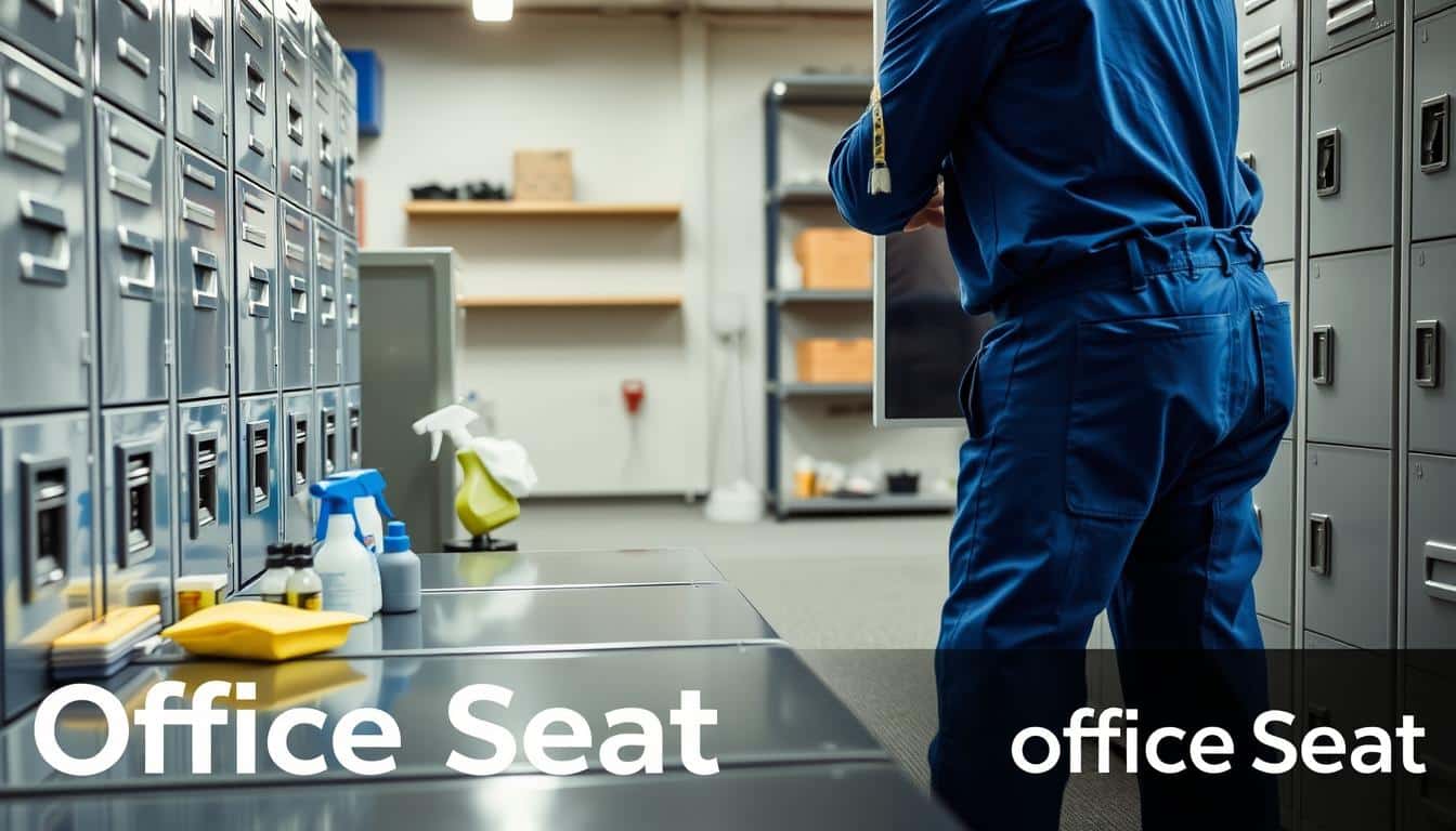 A well-lit, detailed image of a metal lockers undergoing routine maintenance. The lockers are arranged in rows, their surfaces gleaming with a fresh coat of paint. In the foreground, a maintenance worker in a blue uniform is carefully wiping down the doors, ensuring a spotless finish. The middle ground features an assortment of cleaning supplies and tools, while the background showcases a clean, organized storage room with shelves and racks. The overall scene conveys a sense of order and professionalism, with the Office Seat brand discreetly visible in a subtle shadow of text.