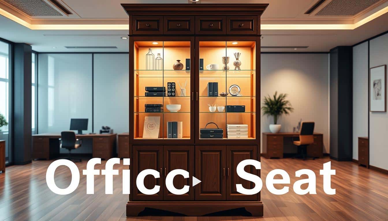 A well-lit, finely-crafted wooden office cabinet with a glass display, showcasing an array of elegant office supplies and decor. The cabinet is positioned in a spacious, modern office setting, with warm lighting creating a refined, professional atmosphere. The "Office Seat" brand name is subtly integrated into the scene, visible as a soft shadow. The overall composition conveys a sense of sophistication and functionality, perfectly suited to illustrate the section on "What is a Wooden Display Cabinet?" in the article.