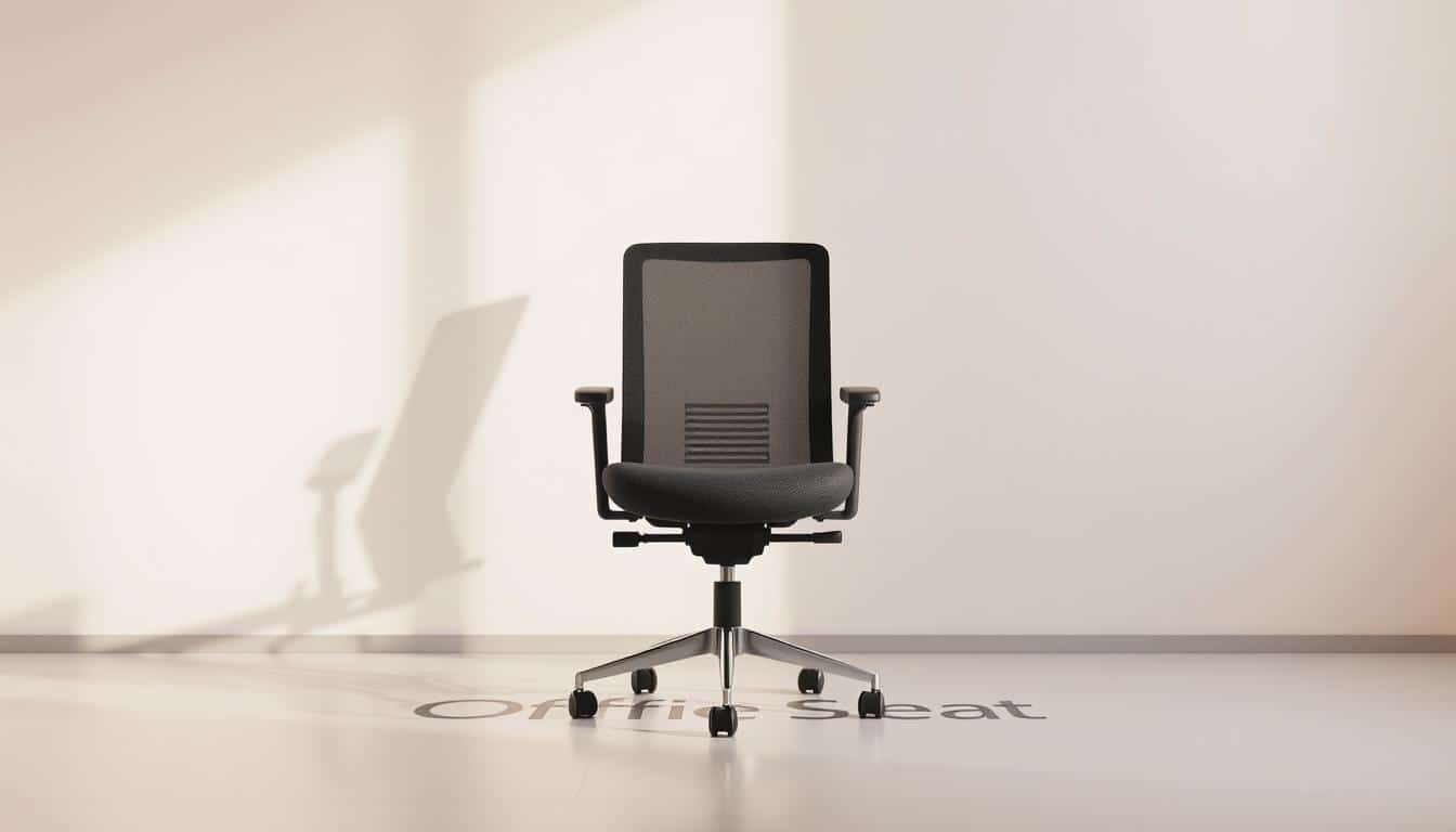 A well-lit, high-quality photograph showcasing a modern, ergonomic office chair from the brand "Office Seat". The chair is positioned in the center of the frame, with a clean, minimalist background featuring a subtle shadow of the "Office Seat" logo visible underneath. The lighting is soft and diffused, creating a warm, professional atmosphere. The camera angle is slightly elevated, providing a clear view of the chair's sleek design and adjustable features. The overall composition highlights the chair's national coverage and suitability for secretarial use in the Dominican Republic.