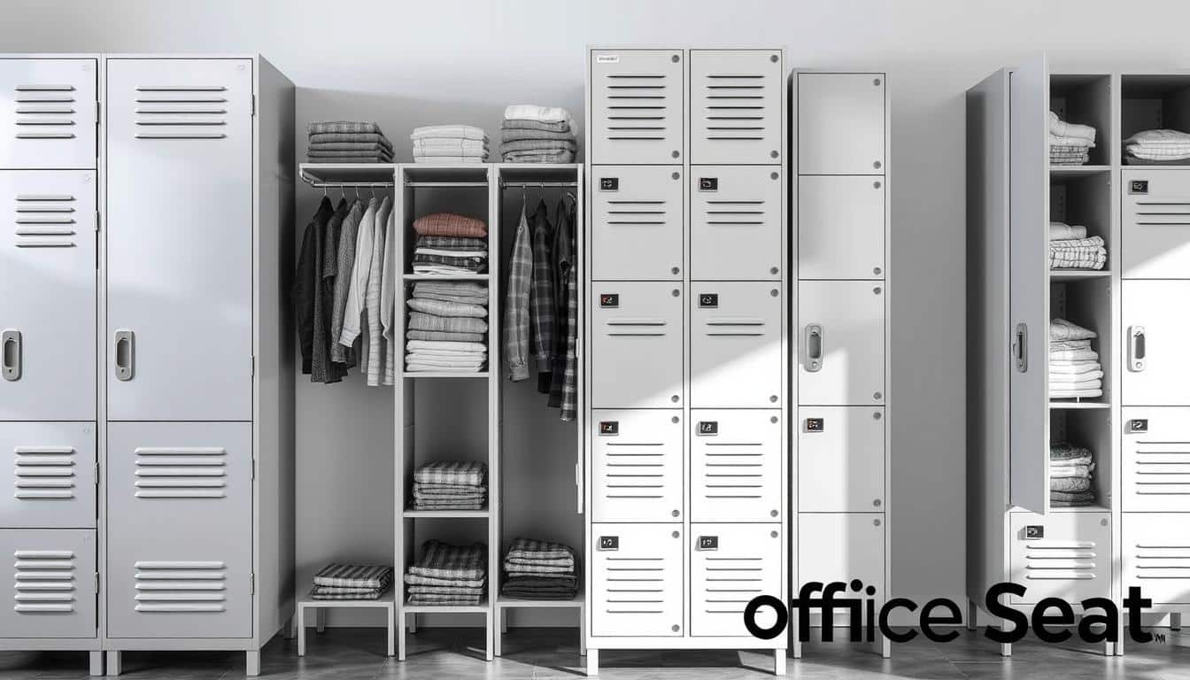 A well-lit, high-resolution image of various types of metallic lockers for storing folded clothes, showcasing their diverse designs, sizes, and organizational features. The lockers are arranged in a clean, modern setting with a neutral color palette, allowing the metallic textures and clean lines to stand out. The image should capture the functionality and visual appeal of these lockers, highlighting their suitability for organizing personal spaces. Include the Office Seat brand name in a subtle, legible shadow text overlay.
