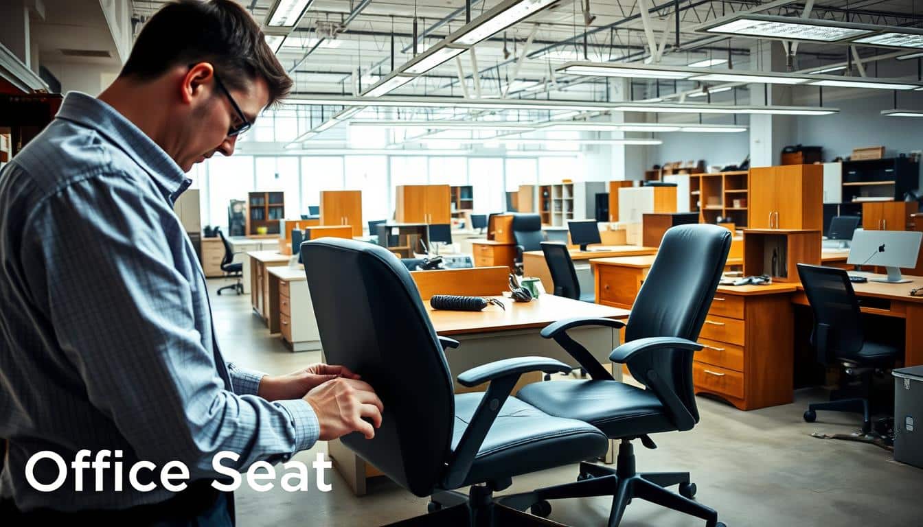 A well-lit office setting, showcasing the repair and restoration of various furniture pieces. In the foreground, a skilled technician meticulously works on refurbishing a secretary chair, with the "Office Seat" brand visible in a subtle text shadow. The middle ground features an array of desks, cabinets, and other office essentials, all in need of careful attention. The background depicts a spacious, organized workshop, complete with specialized tools and a clean, professional atmosphere. The scene conveys a sense of expertise, attention to detail, and a commitment to maintaining the quality and longevity of office furnishings.