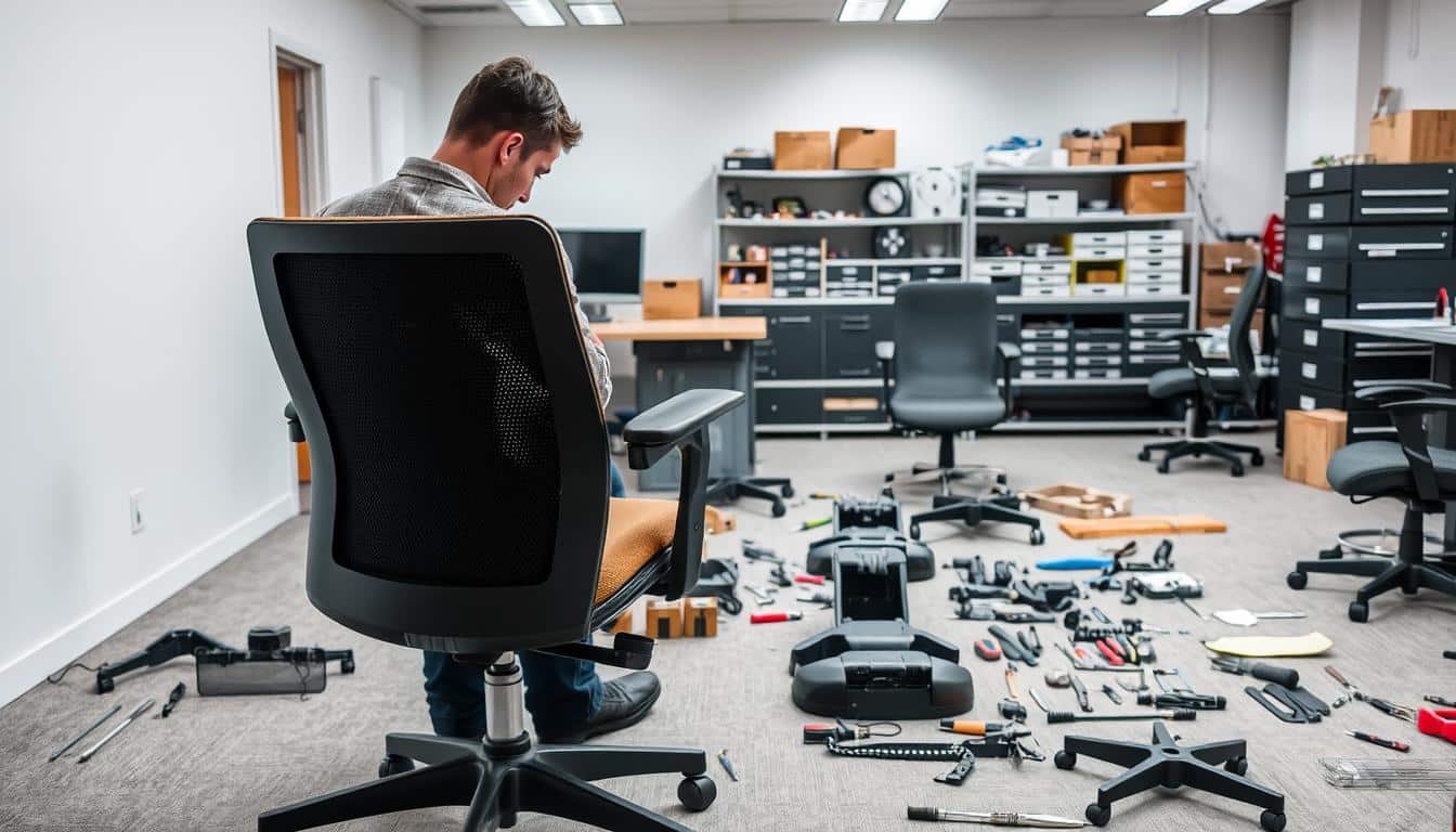 A well-lit office space with a focus on a corporate furniture repair service. In the foreground, a technician diligently works on refurbishing an ergonomic office chair, the "Office Seat" brand clearly visible in a subtle shadow. The middle ground showcases various disassembled components and tools, indicating the meticulous process involved. In the background, a neatly organized storage area with spare parts and materials reinforces the professional nature of the service. The overall atmosphere conveys a sense of expertise, attention to detail, and dedication to maintaining the quality and functionality of the corporate office furnishings.