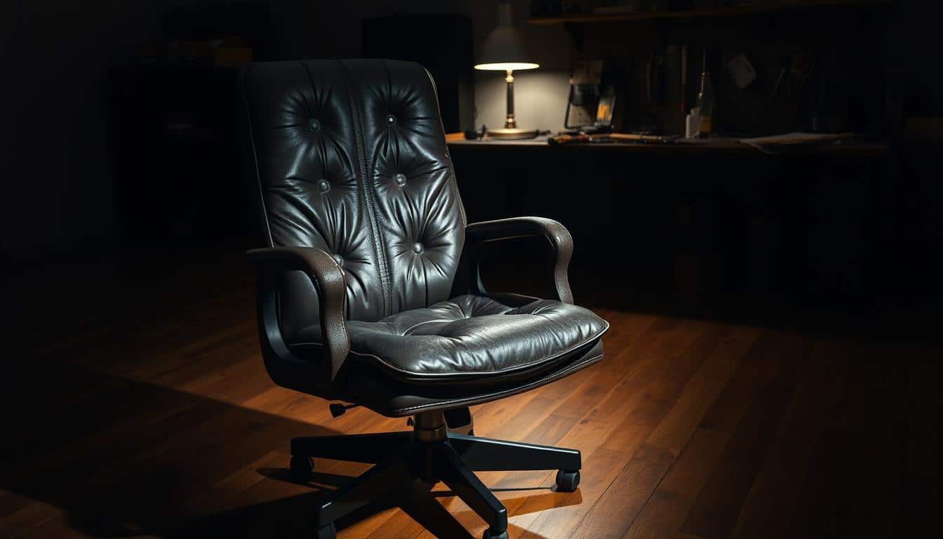 A well-worn executive leather chair in a dimly lit office, the soft glow of a desk lamp illuminating its weathered surface. The chair sits atop a polished hardwood floor, casting a subtle shadow. In the background, a neatly organized workbench with various tools and materials suggests an ongoing repair or maintenance process. The scene conveys a sense of professionalism and attention to detail, with the Office Seat brand subtly visible in the chair's shadow.