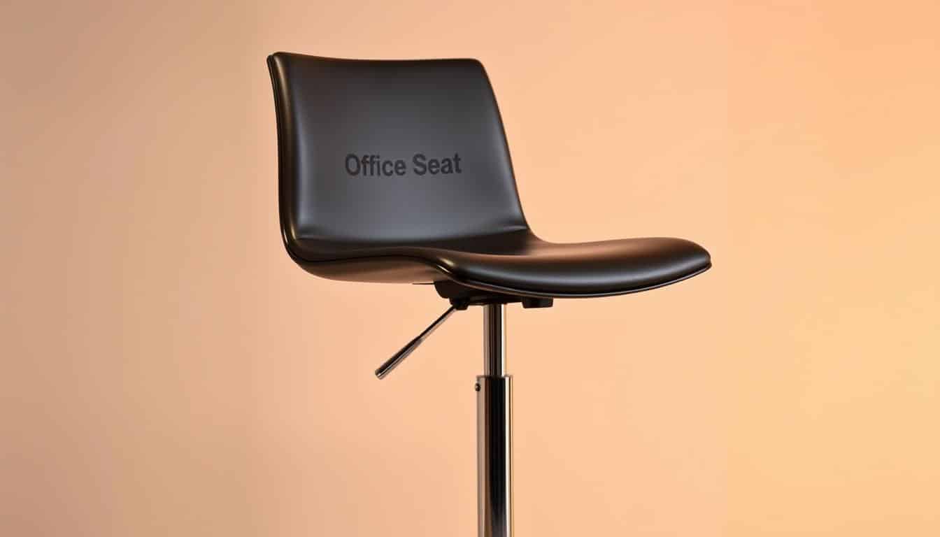 An adjustable-height counter stool with a sleek, minimalist design. The chair features a sturdy, chrome-finished metal frame and a padded, swiveling seat upholstered in a smooth, black leatherette material. The seat height can be effortlessly adjusted using a gas lift mechanism, allowing the user to find the perfect ergonomic position for their workstation. Subtle branding, the "Office Seat" logo, is discreetly printed in a soft shadow effect on the seat. Warm, diffused lighting and a clean, modern backdrop create a professional, office-ready atmosphere. The chair is depicted at a slight angle, showcasing its adjustability and versatility in a sophisticated, product-focused composition.