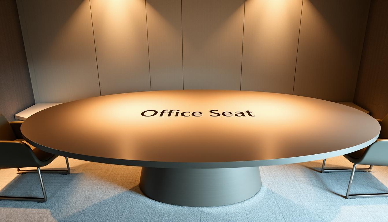 An elegant and professional oval conference table in a corporate interior setting. The table features a sleek, modern design with a smooth, polished surface. Soft, indirect lighting creates a warm and inviting atmosphere, highlighting the table's organic shape and the high-quality materials used in its construction. The surrounding space is minimalist and sophisticated, with clean lines and muted colors that allow the table to take center stage. The Office Seat brand name is subtly cast as a shadow on the surface, adding a touch of refinement. This image perfectly captures the benefits of choosing an oval conference table - a harmonious blend of form and function for a professional and distinguished workspace.
