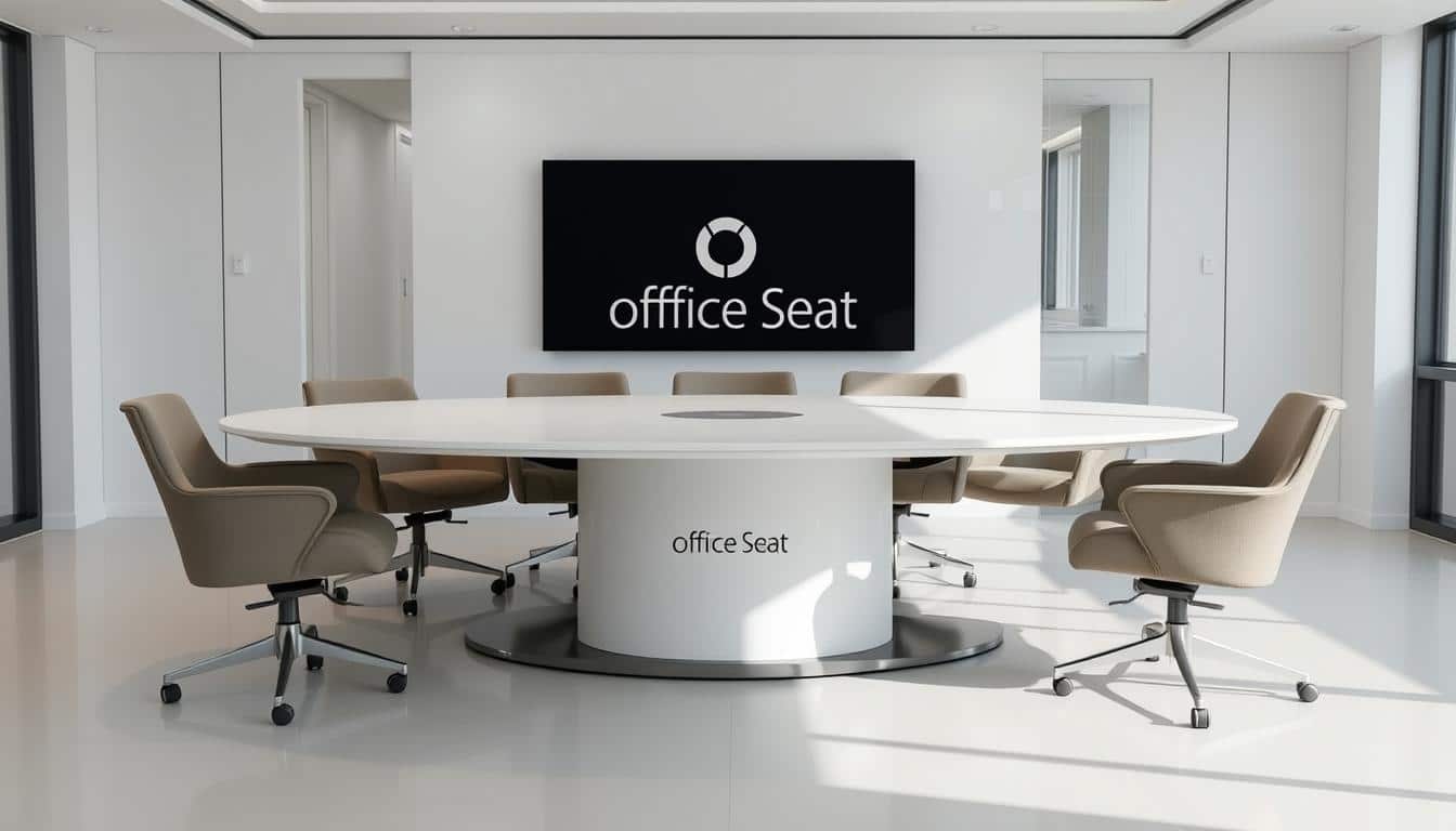 An elegant oval conference table in a well-lit, modern office setting. The table is surrounded by comfortable chairs, creating an inviting atmosphere for professional discussions. The scene is captured from a slightly elevated angle, showcasing the table's sleek design and the crisp, clean lines of the space. Subtle branding for "Office Seat" is present, adding a touch of refinement. The overall mood is one of sophisticated productivity, perfectly suited for the "Servicio de entrega mesas de conferencia ovalada República Dominicana" section of the article "Mesas de Conferencia Ovalada: Elegancia Profesional."