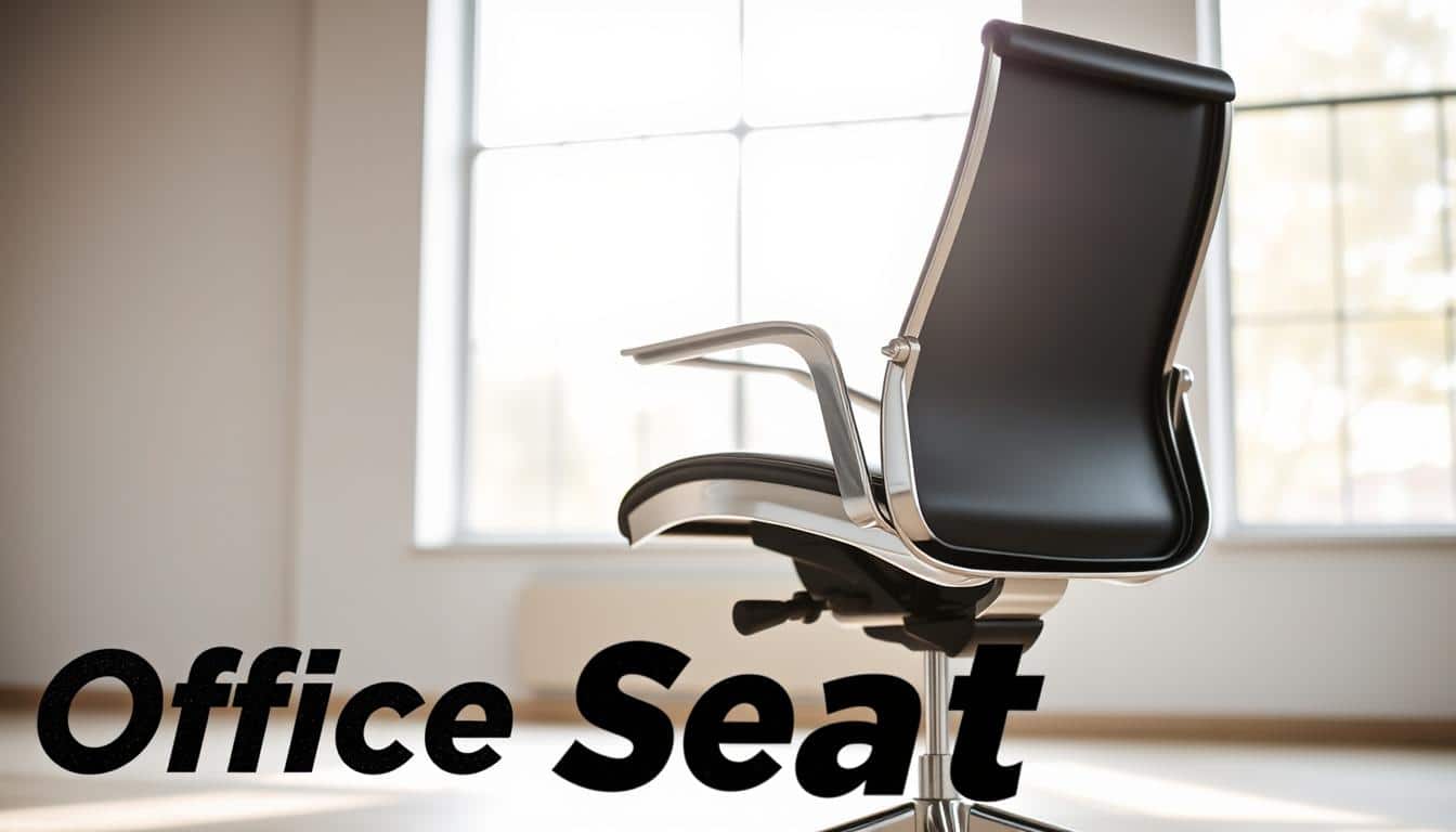 An ergonomic office chair in a modern, minimalist design, positioned in a well-lit, airy room with natural light streaming in through large windows. The chair features a sleek black leather seat and backrest, with a polished chrome base and casters for easy mobility. In the foreground, the "Office Seat" brand name is subtly visible as a faint, textured shadow, adding a touch of branding without distracting from the chair itself. The scene conveys a sense of comfort, productivity, and professionalism, perfectly suiting the "Servicios de Entrega y Cobertura" section of the article "El Sillón Técnico Operativo ideal para tu oficina."