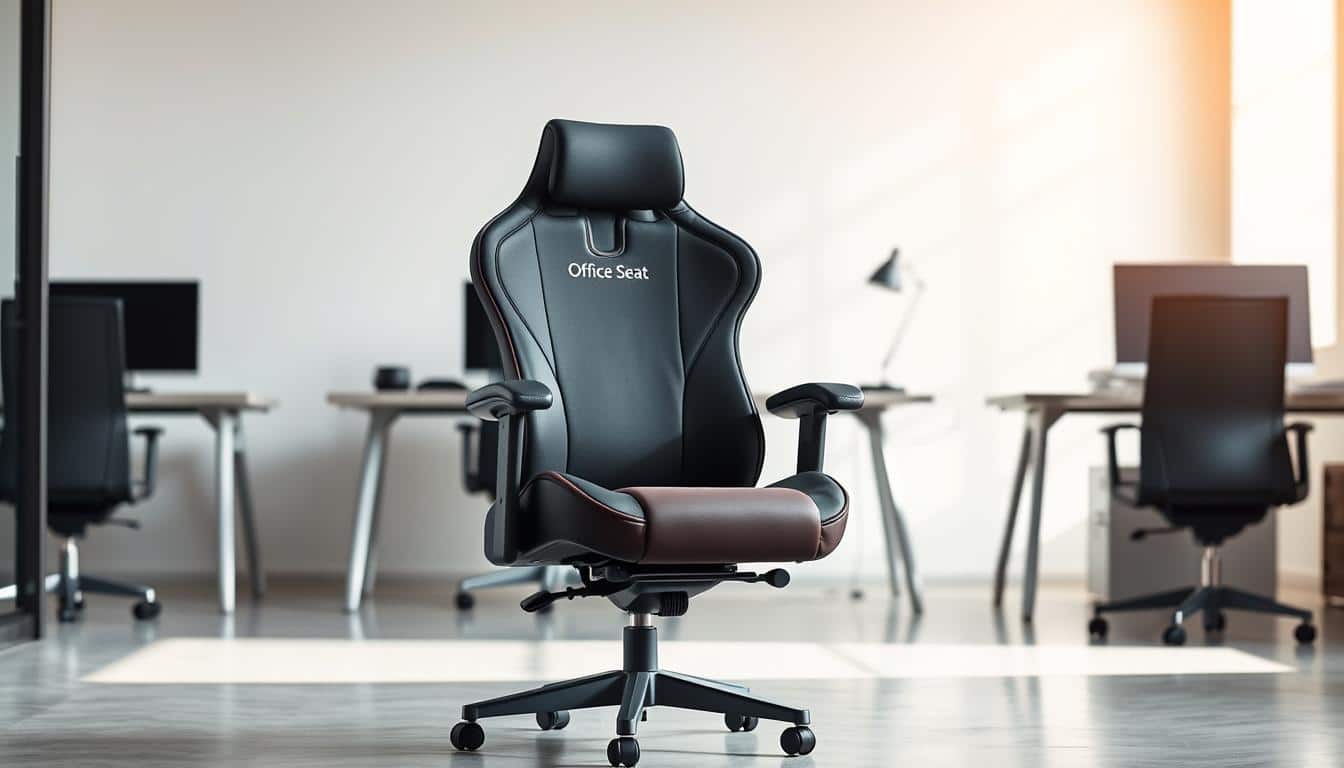 An ergonomic office chair situated in a well-lit, modern workspace in Gran Santo Domingo. The chair, emblazoned with the "Office Seat" brand, takes center stage, its sleek, adjustable design and plush upholstery inviting the viewer to experience its comfort. The workspace features a minimalist aesthetic, with clean lines and neutral tones that create a professional, yet welcoming atmosphere. Soft, diffused lighting casts a warm glow, accentuating the chair's premium features. The scene conveys a sense of refined sophistication, underscoring the chair's role in enhancing both comfort and executive-level style.