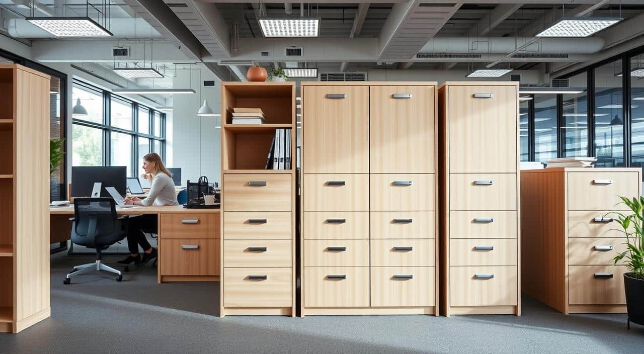 Conjunto de Archivos Modulares rodantes en Melamina color Haya 3 Gavetas en un entorno de oficina moderno Conjunto de Archivos Modulares rodantes en Melamina color Haya 3 Gavetas en un entorno de oficina moderno