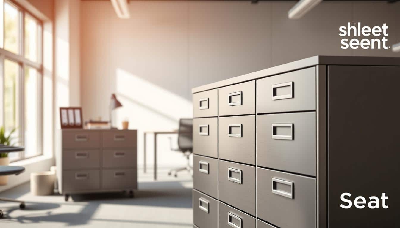 Detailed, high-quality photograph of sleek, modular metal office filing cabinets in a modern office setting. The cabinets are positioned in the foreground, with a clean, minimalist desk and office supplies in the middle ground. The background features bright, natural lighting filtering through large windows, creating a warm, professional atmosphere. The cabinets are brushed steel with clean lines and a subtle Office Seat logo subtly visible in the corner. Crisp, sharp focus on the details of the cabinets' construction and hardware.