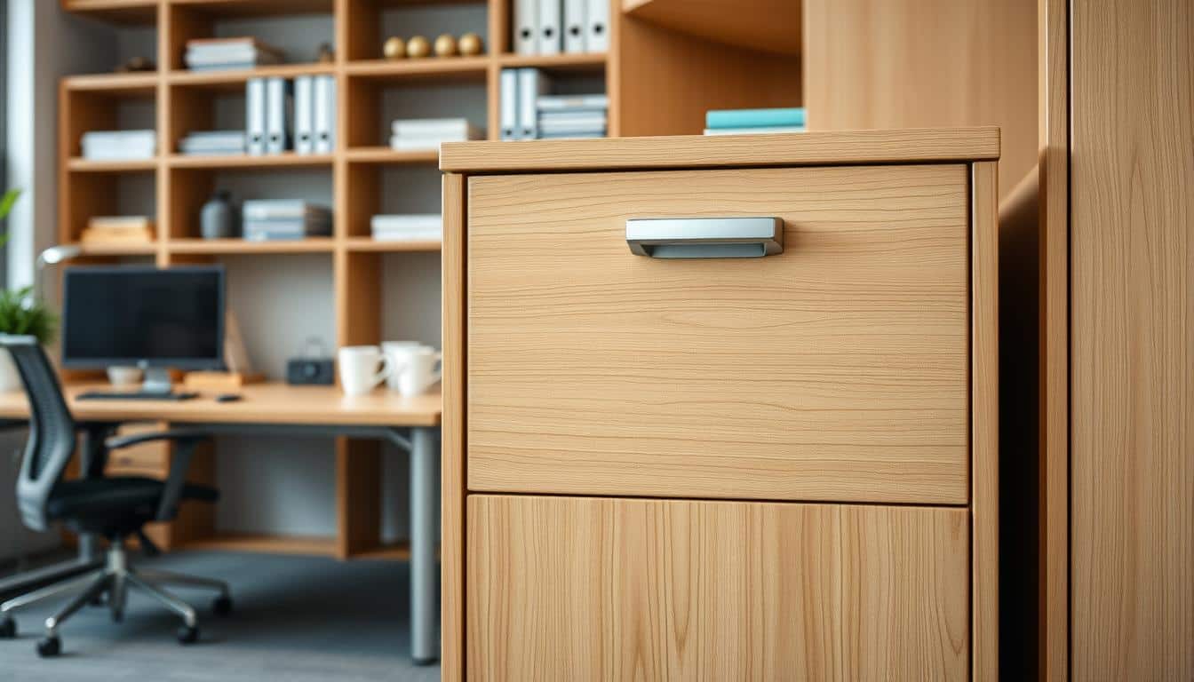 Detalle del acabado en Melamina color Haya del Archivo Modular rodante mostrando su integración con mobiliario de oficina Detalle del acabado en Melamina color Haya del Archivo Modular rodante mostrando su integración con mobiliario de oficina