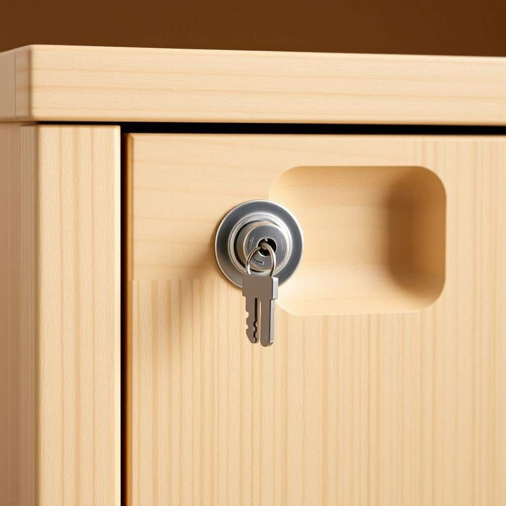 Detalle del sistema de cierre centralizado del Archivo Modular rodante en Melamina color Haya Detalle del sistema de cierre centralizado del Archivo Modular rodante en Melamina color Haya