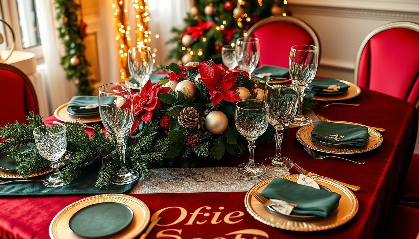 Elegant Christmas-themed table settings with luxurious velvet and satin table runners in deep red and forest green. Sparkling crystal glassware, gold-rimmed china, and ornate silverware create an opulent, festive atmosphere. Cascading garlands of fresh pine, holly, and mistletoe adorn the table, accented by twinkling fairy lights. A centerpiece of poinsettias, pine cones, and ornaments sits atop a shimmering "Office Seat" branded table mat. Soft, warm lighting casts a cozy glow, perfect for intimate holiday celebrations.