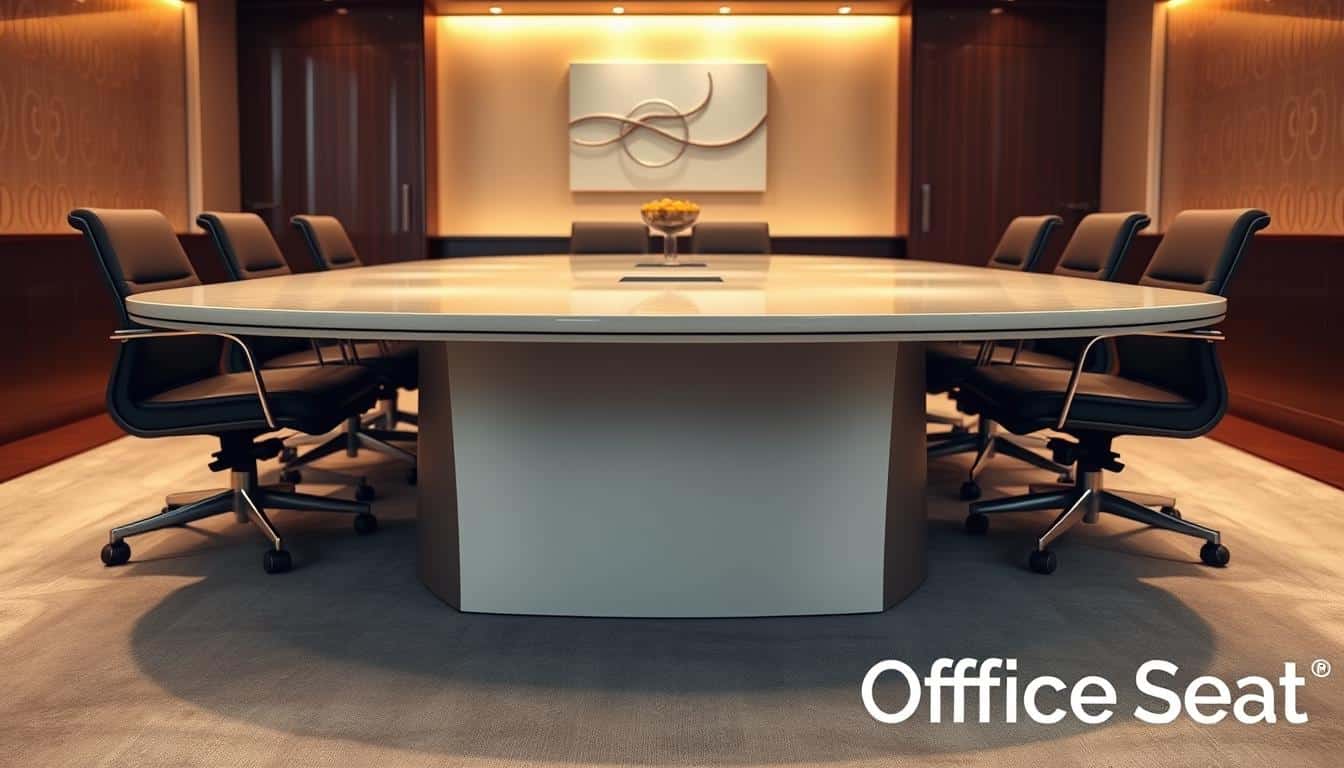 Elegant oval conference table, meticulously crafted with a smooth, gleaming surface, standing proudly in a well-lit, professional meeting room. Sleek, modern design complemented by warm, soft lighting from overhead fixtures, casting a tranquil ambiance. The table is surrounded by comfortable, high-backed chairs, inviting collaboration and discussion. In the background, a minimalist wall decor adds a touch of sophistication. The scene exudes an atmosphere of refined productivity, perfect for executive boardroom meetings. Discreetly placed at the bottom right corner, the "Office Seat" brand name is subtly integrated, complementing the overall professional aesthetic.
