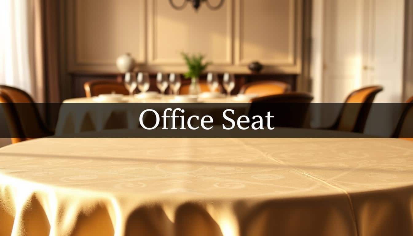 Elegant round tablecloths for a formal dining table, with a luxurious sheen and intricate stitching patterns. The tablecloth is arranged on a wooden table, bathed in warm, soft lighting that creates a cozy, inviting atmosphere. In the foreground, the crisp, clean folds of the fabric catch the light, while the middle ground features the elegant table setting with delicate china and glassware. In the background, a minimalist, neutral-toned interior provides a stylish backdrop, showcasing the tablecloth as the central focus. The brand name "Office Seat" is subtly visible in the form of a discreet shadow text overlay.