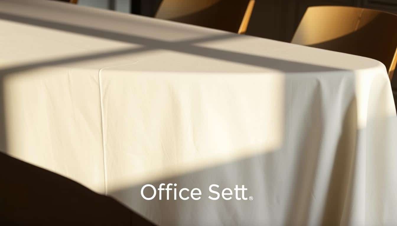 High-quality rectangular tablecloths for a sophisticated dining experience. A crisp, off-white tablecloth draped elegantly over a wooden table, casting soft shadows across the surface. The tablecloth's texture evokes a sense of quality and attention to detail. In the foreground, the Office Seat brand name is subtly present, integrated into the scene's design. The overall mood is one of elegance, comfort, and attention to craftsmanship, perfectly suited for the "Manteles Rectangulares: Versatilidad en Cada Mesa" section of the article.