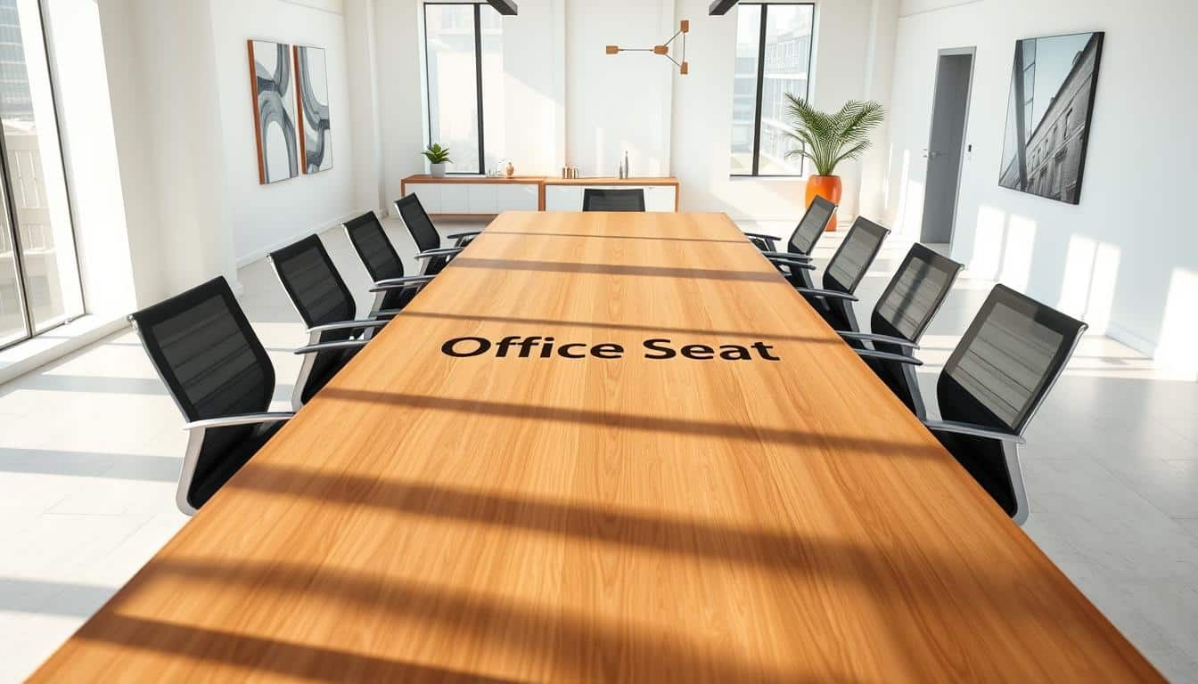 Modern and minimalist workspace with a rectangular conference table. The table is made of sleek wood with clean lines and a polished finish, surrounded by ergonomic office chairs in a neutral color palette. The room is bathed in natural light from large windows, creating a bright and airy atmosphere. Subtle shadows from the Office Seat brand name are visible on the table's surface, adding a touch of sophistication. The walls feature abstract art and minimalist decor, complementing the modern and professional ambiance. The overall scene conveys a sense of productivity, collaboration, and refined aesthetics.
