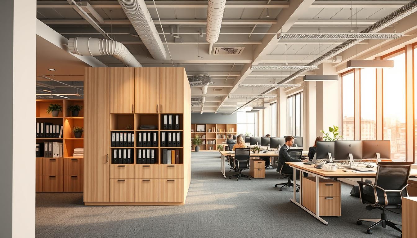 Oficina organizada con Archivo Modular rodante en Melamina color Haya integrado en el espacio de trabajo Oficina organizada con Archivo Modular rodante en Melamina color Haya integrado en el espacio de trabajo