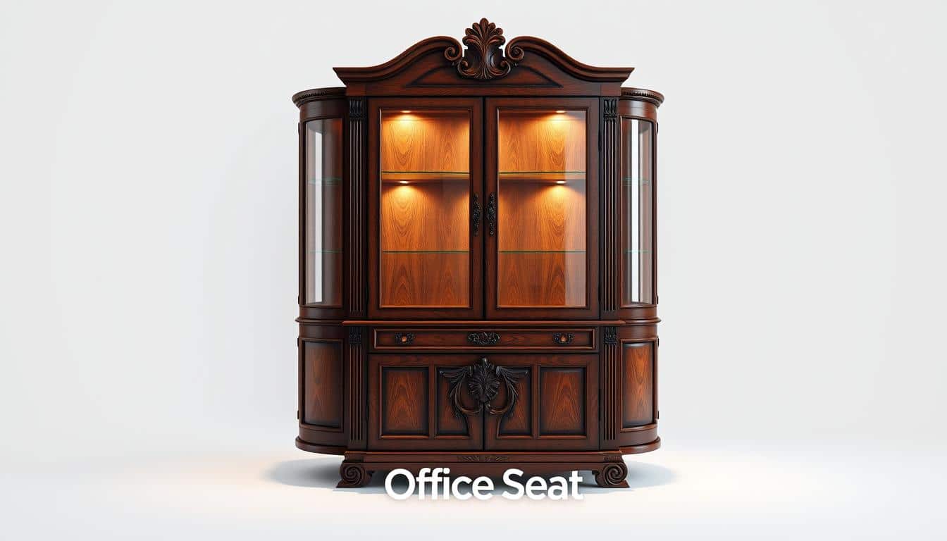 Ornate wooden office cabinet with glass display, elegant and sophisticated design, warm lighting illuminating the interior, high-quality wood grain textures, sleek modern silhouette, centered in a minimal studio setting with white background, capturing the essence of refined office furnishings. "Office Seat" brand logo subtly integrated in the shadow below the cabinet.