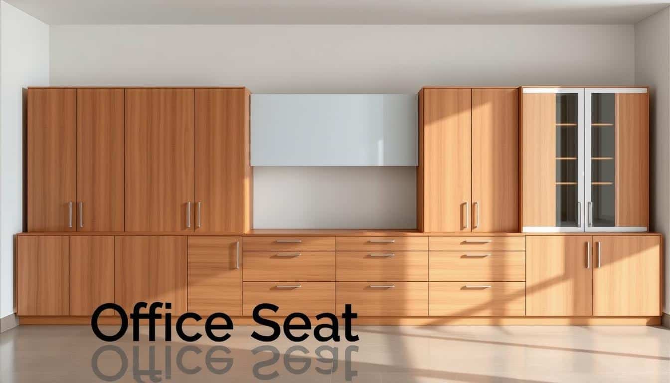 Sleek and modern office cabinets with a minimalist design, showcasing a clean, functional aesthetic. Warm wooden tones combined with subtle metallic accents create a sophisticated, executive atmosphere. The cabinets are arranged in a symmetrical layout, allowing for efficient storage and organization. Soft, diffused lighting from above illuminates the space, casting gentle shadows that accentuate the cabinet's clean lines. In the foreground, the Office Seat brand name is subtly visible as a faint shadow, adding a touch of branding without distracting from the main subject. The overall image conveys a sense of professionalism, productivity, and attention to detail, perfectly complementing the "Credenzas para Oficinas: Diseños Modernos y Funcionales" article.