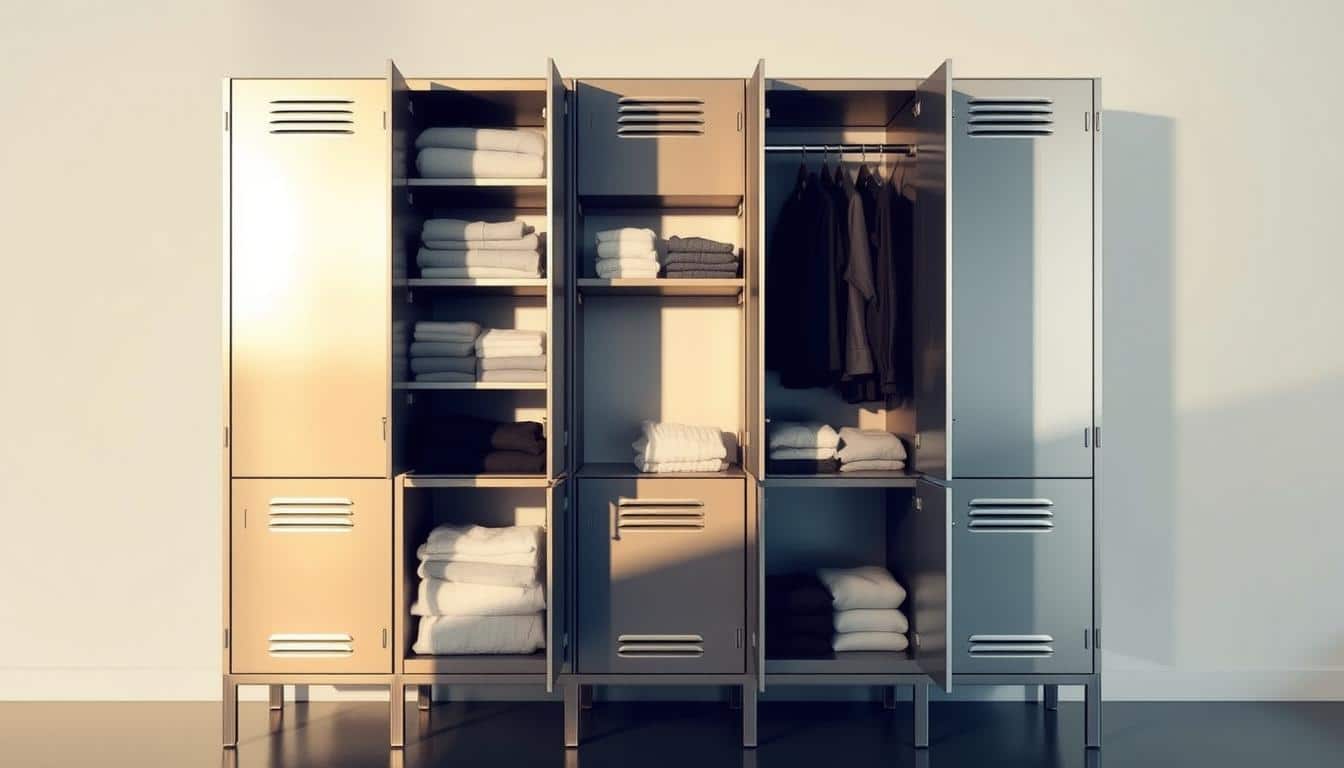 Sleek and organized metallic lockers, showcasing neatly folded clothing. The lockers are set against a minimalist, well-lit background, casting subtle shadows to emphasize their industrial yet refined aesthetic. The lockers are arranged in a visually appealing grid layout, highlighting their modular and customizable nature. The overall mood is one of efficiency and practicality, perfectly suited for the "Office Seat" brand. The image conveys the essence of the section "¿Qué son los locker de ropa doblada?" within the article "Los mejores locker ropa doblada para organizar tu espacio."