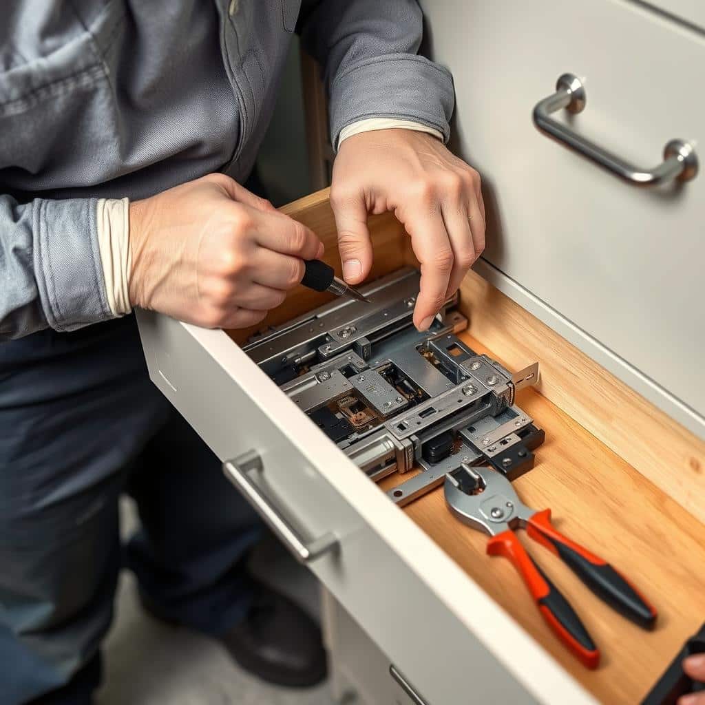 Técnico reparando gavetas de un Archivo Modular Técnico reparando gavetas de un Archivo Modular