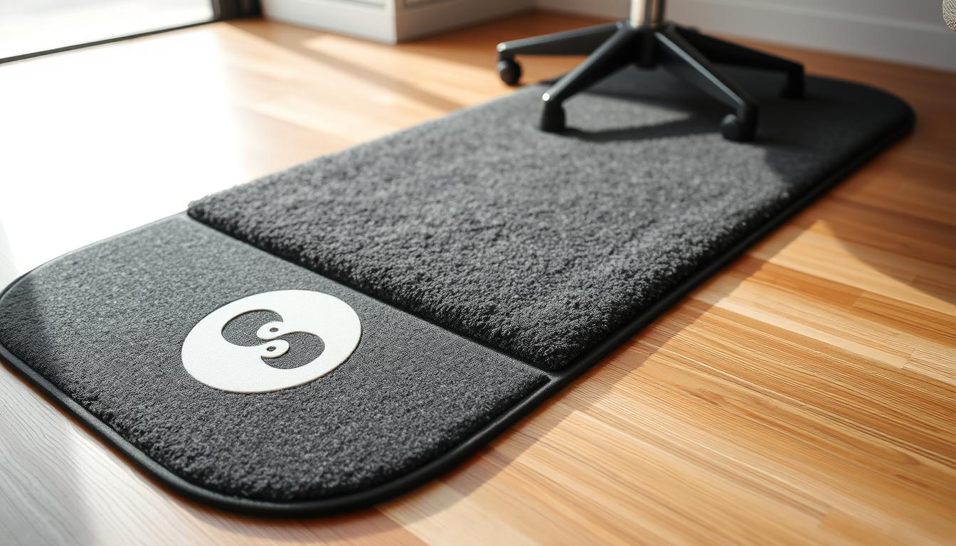 A close-up shot of high-quality, soft, and durable floor mats designed to protect carpets in a modern home. The mats feature a discreet Office Seat logo subtly embossed on the surface, adding a touch of branding. The mats are positioned on a hardwood floor, creating a warm and inviting atmosphere. The lighting is natural, with soft shadows and highlights that accentuate the texture and quality of the materials. The overall scene conveys a sense of comfort, practicality, and attention to detail in the home environment.