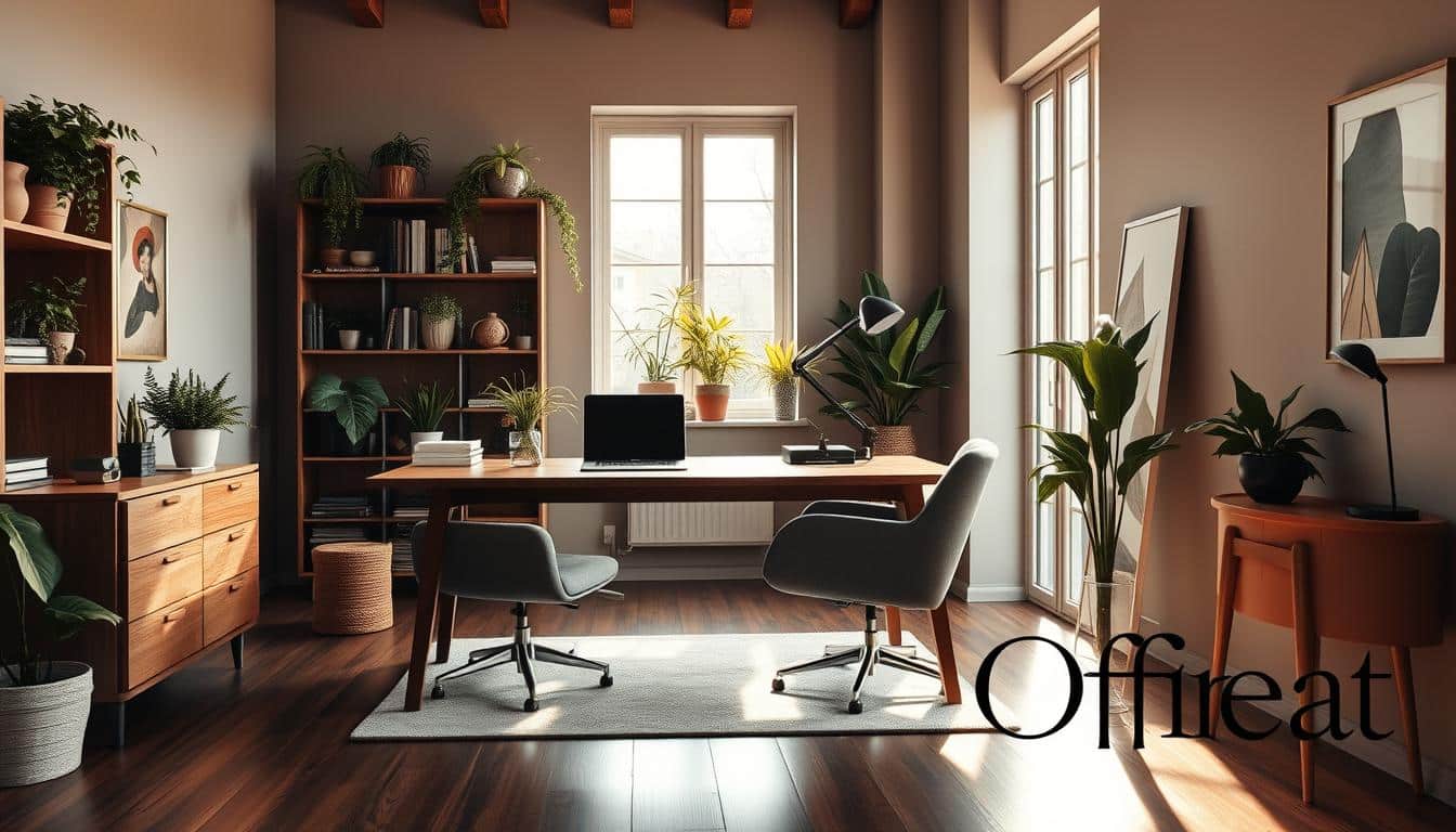 A cozy and stylish home office with a large wooden desk, plush gray armchair, and a bookshelf filled with vibrant plants. Warm natural lighting filters through large windows, casting a soft glow across the space. Sleek, minimalist decor accents, including a modern task lamp and abstract artwork, create an inspiring and productive atmosphere. The "Office Seat" brand name is subtly incorporated as a discreet shadow text detail. This serene workspace promotes focus and creativity, perfect for the "Diseño y ambiente: creando inspiración en tu workspace" section.