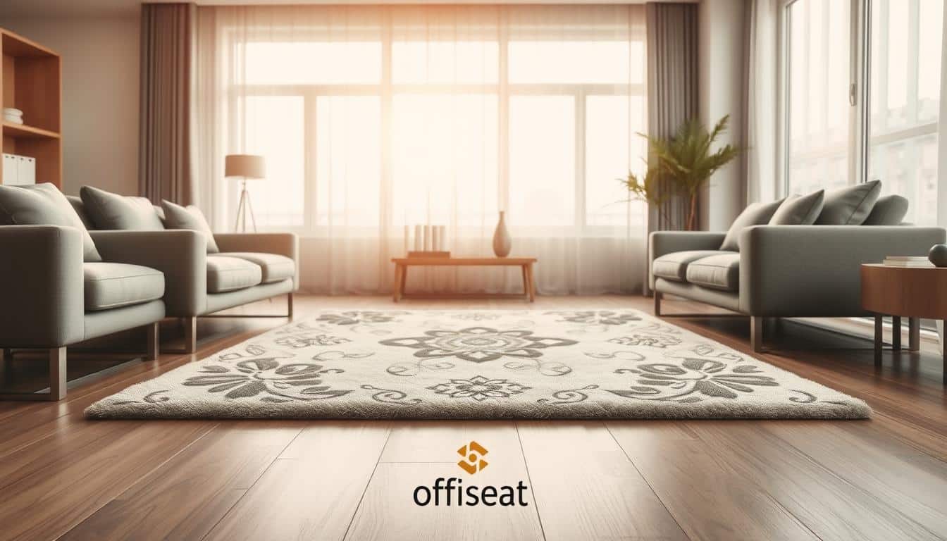 A cozy living room with a plush, decorative area rug taking center stage. The rug is adorned with a elegant floral pattern, its soft fibers inviting barefoot walks. Sleek, modern furniture in shades of gray and beige surround the rug, creating a harmonious, minimalist aesthetic. Warm, diffused lighting filters through large windows, casting a gentle glow over the scene. In the foreground, a subtle Office Seat logo is visible, blending seamlessly into the design. This serene, inviting space showcases how decorative floor coverings can elevate a room's ambiance and style.